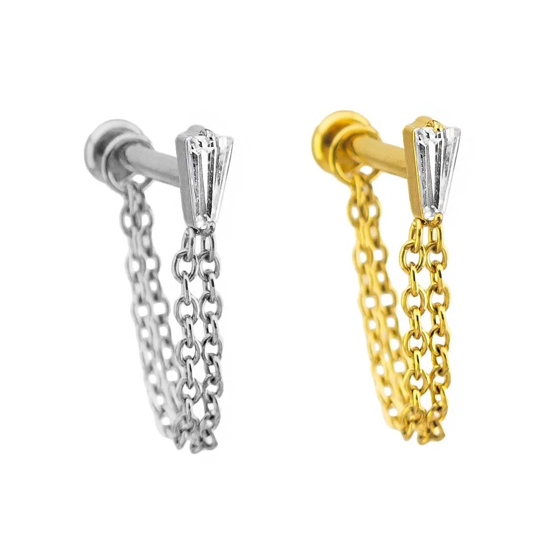 Piercing com pedraria baguete e corrente