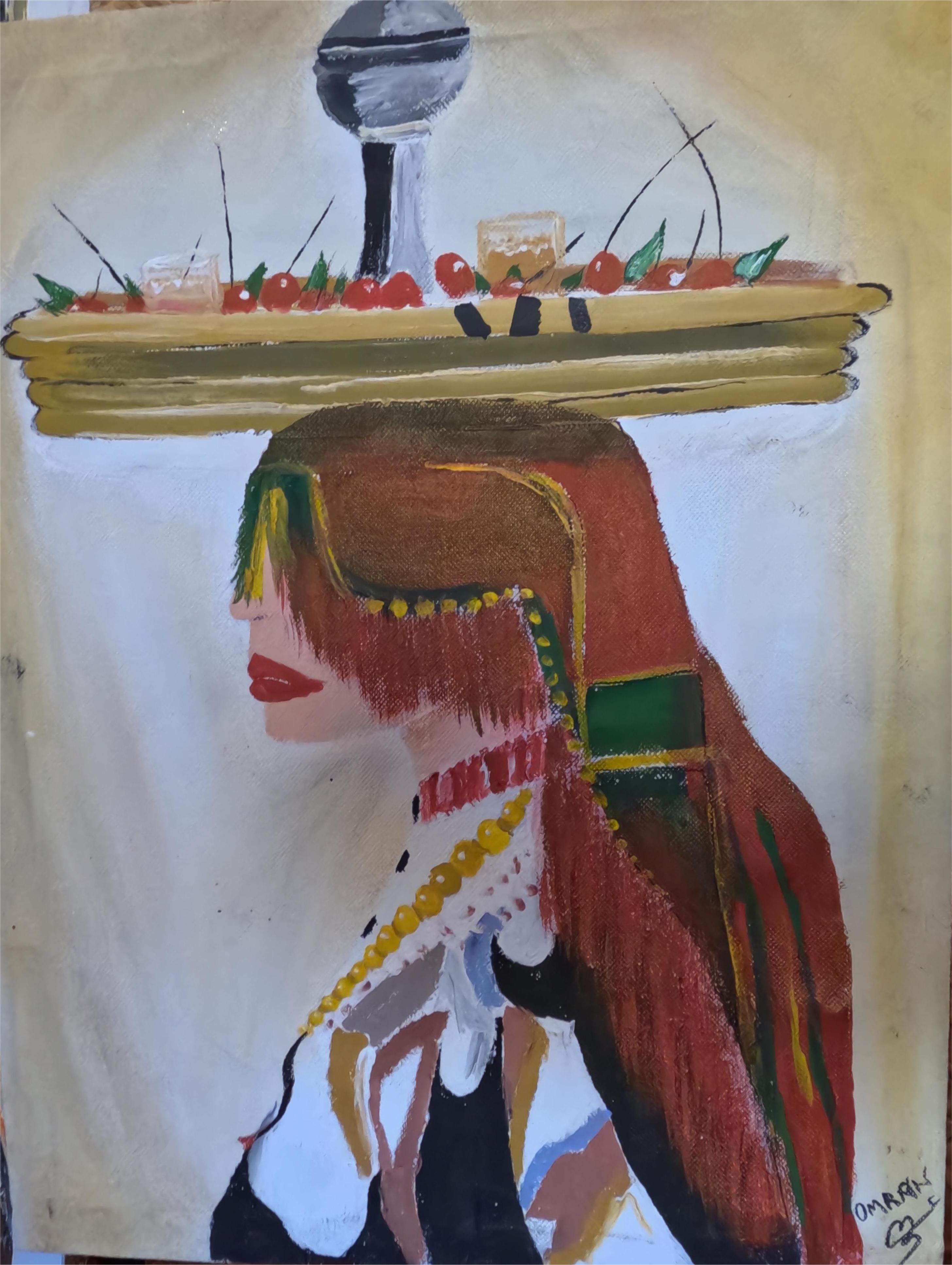 Peinture d'une femme avec un plateau 40x50cm