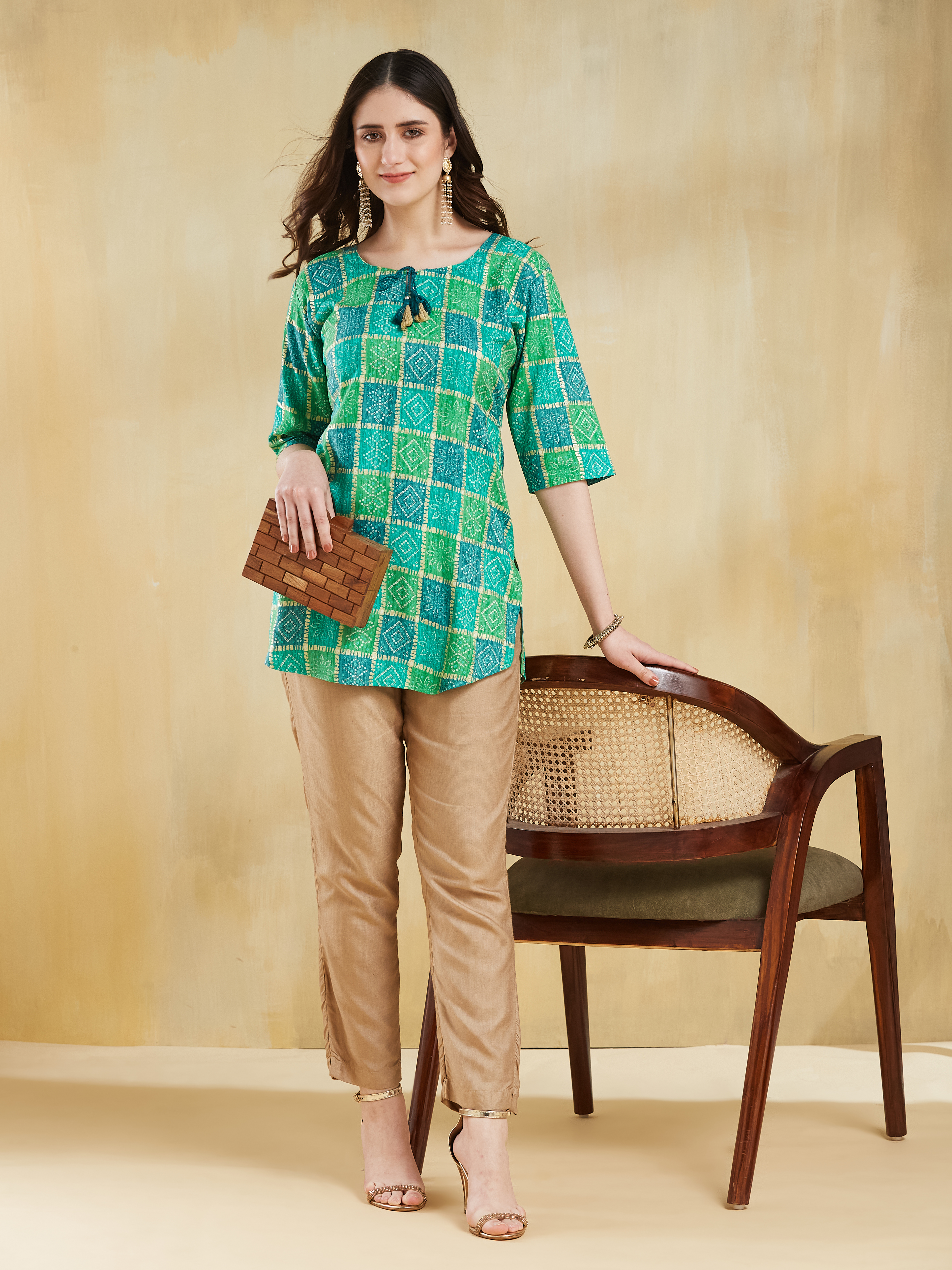 Green Tunic and Beige Trousers Set
