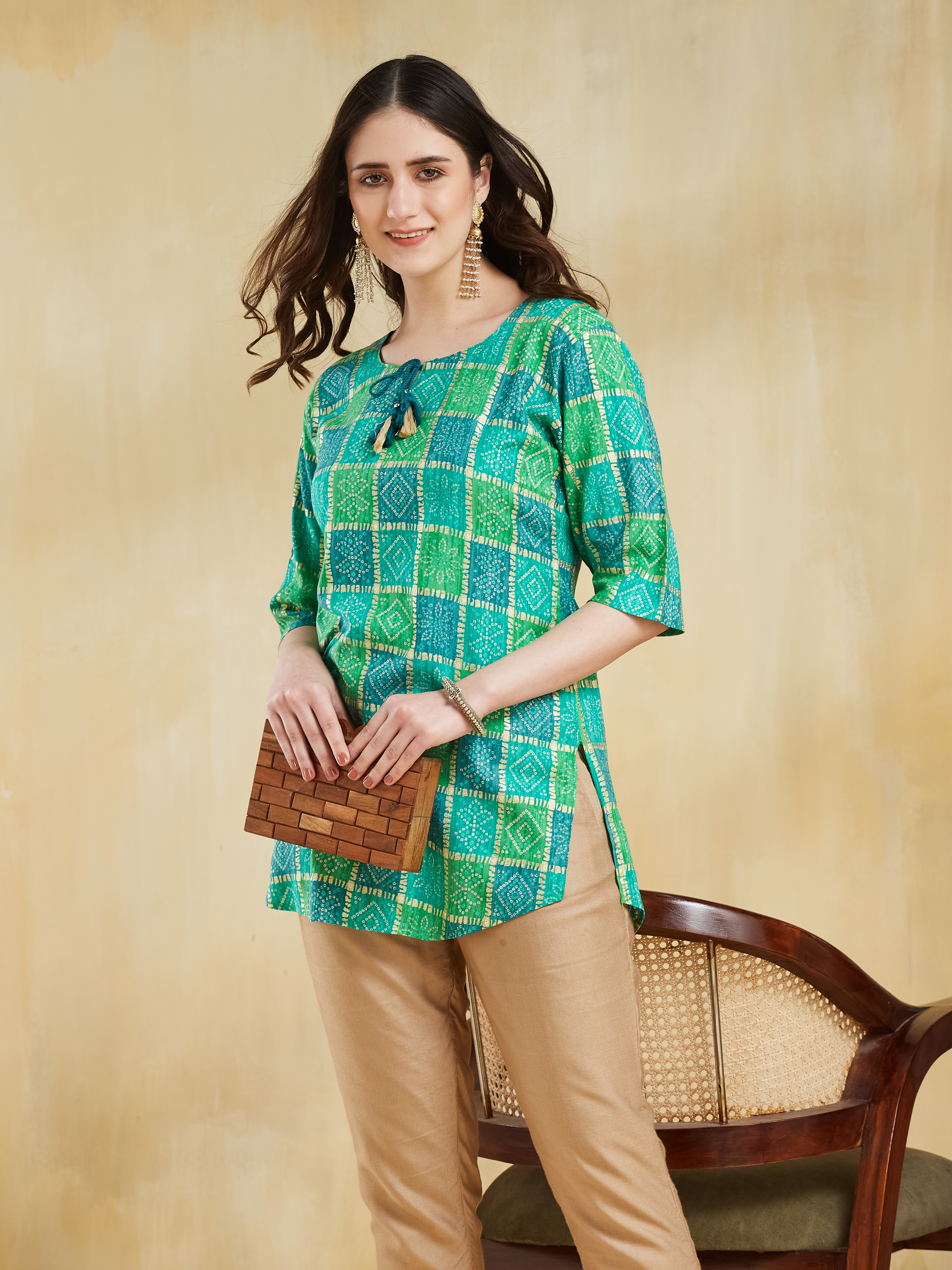 Green Tunic and Beige Trousers Set