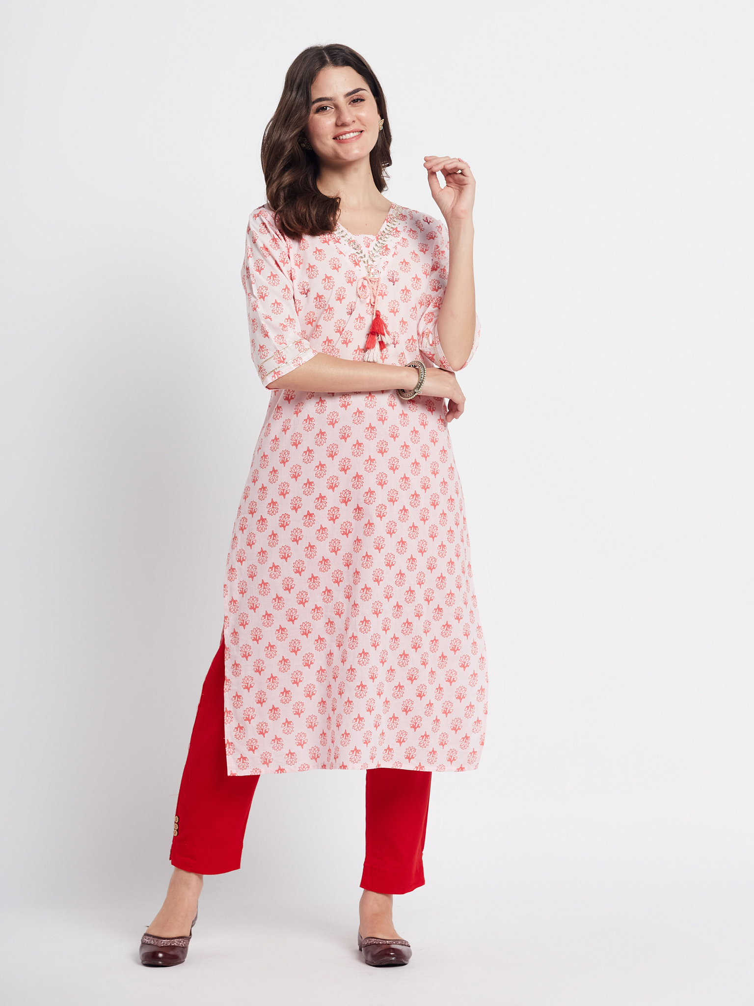 Pink Printed Kurta with Red Pants