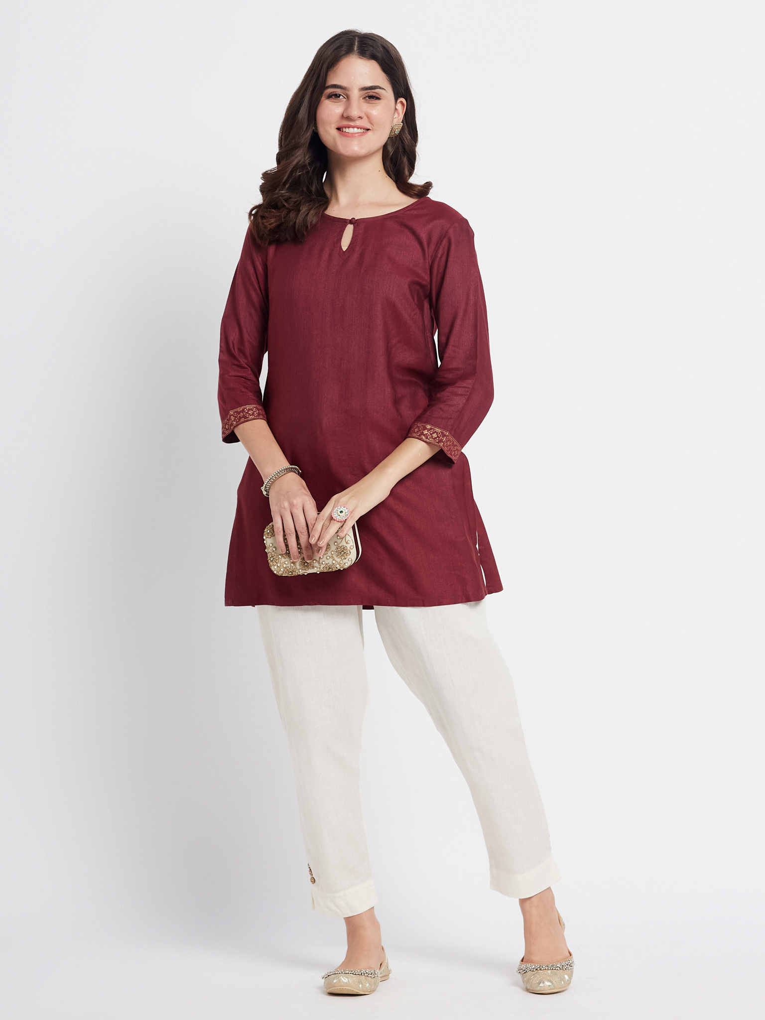 Burgundy Cotton Kurti with White Trousers