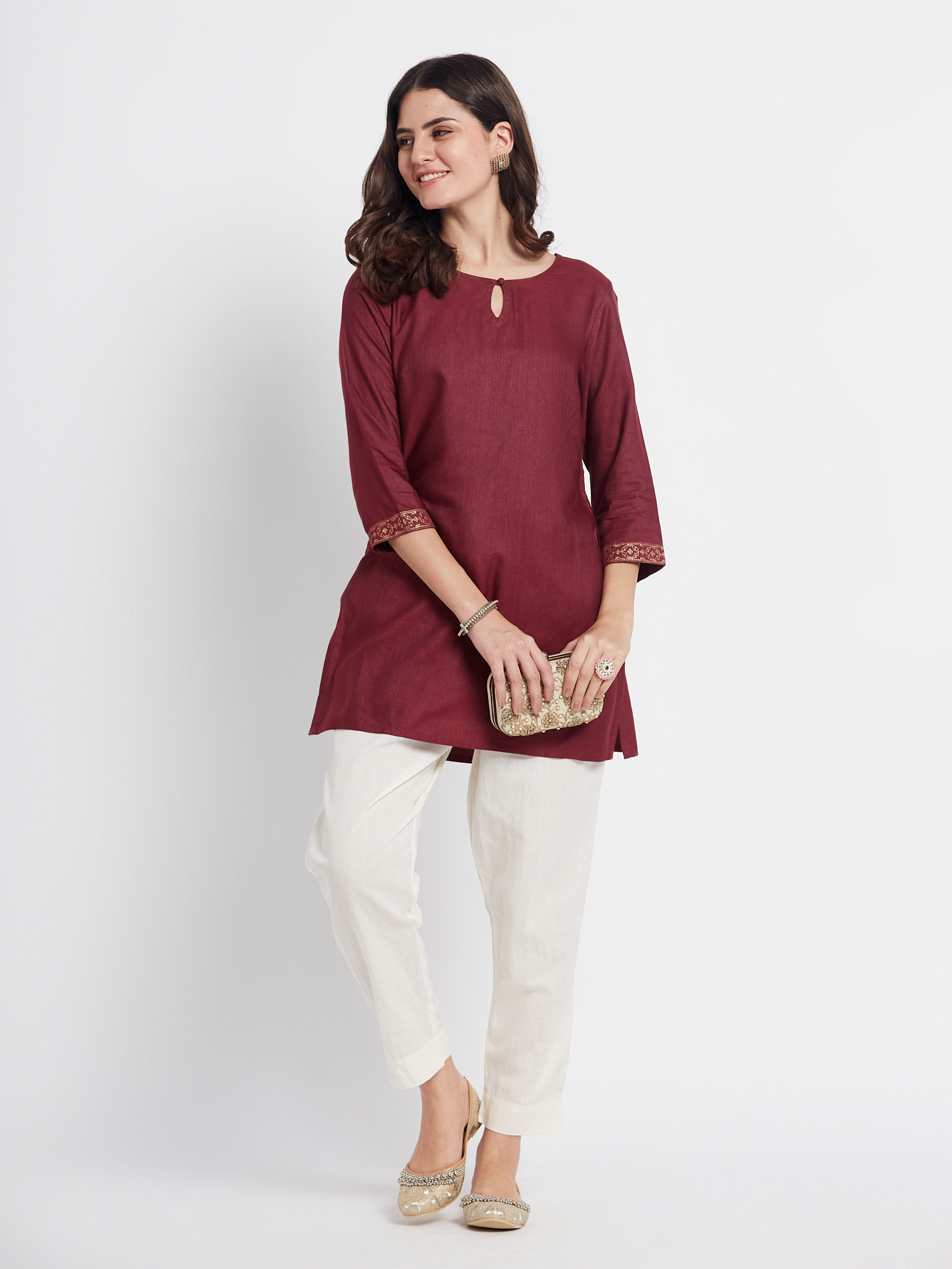 Burgundy Cotton Kurti with White Trousers