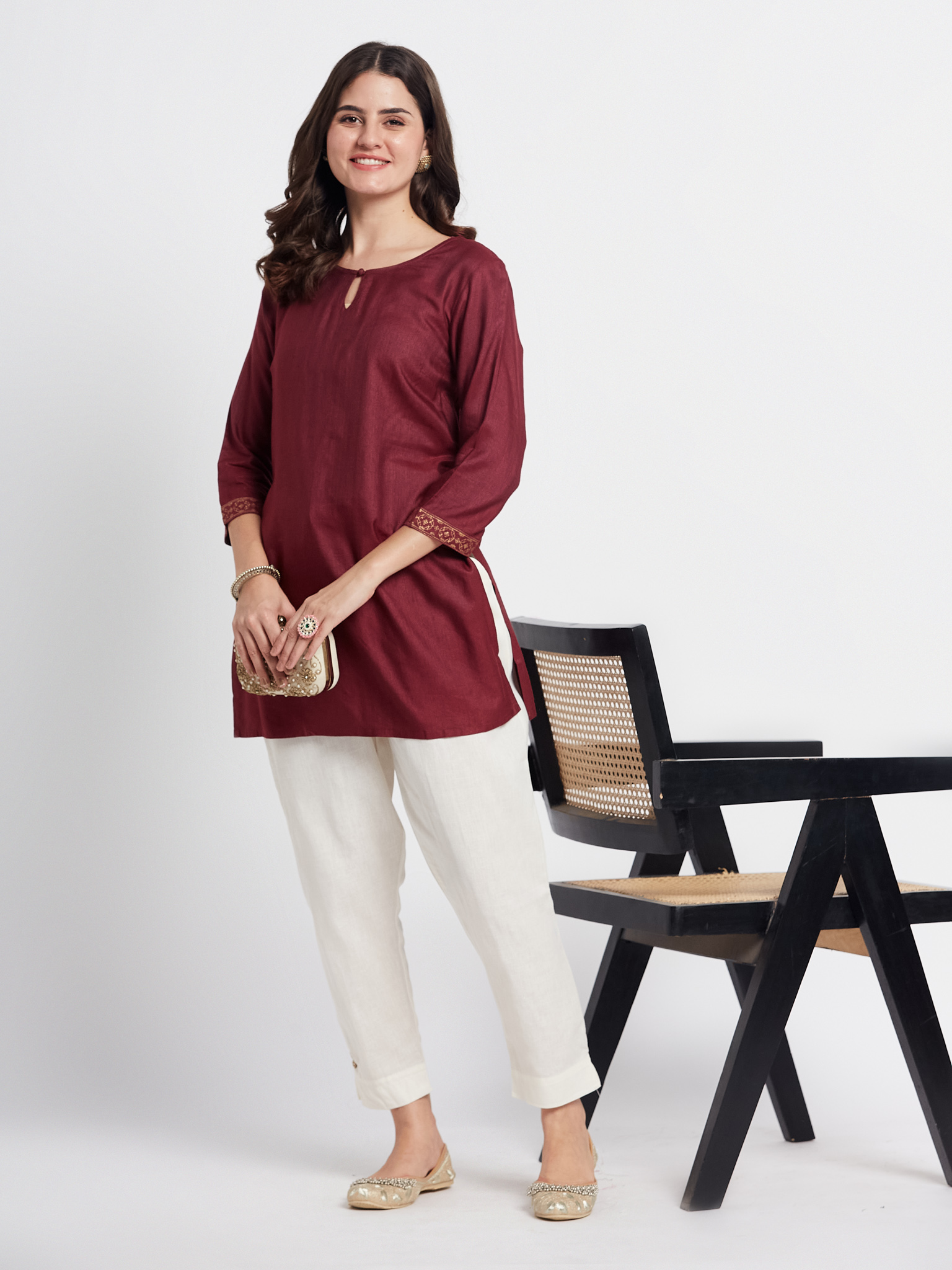 Burgundy Cotton Kurti with White Trousers