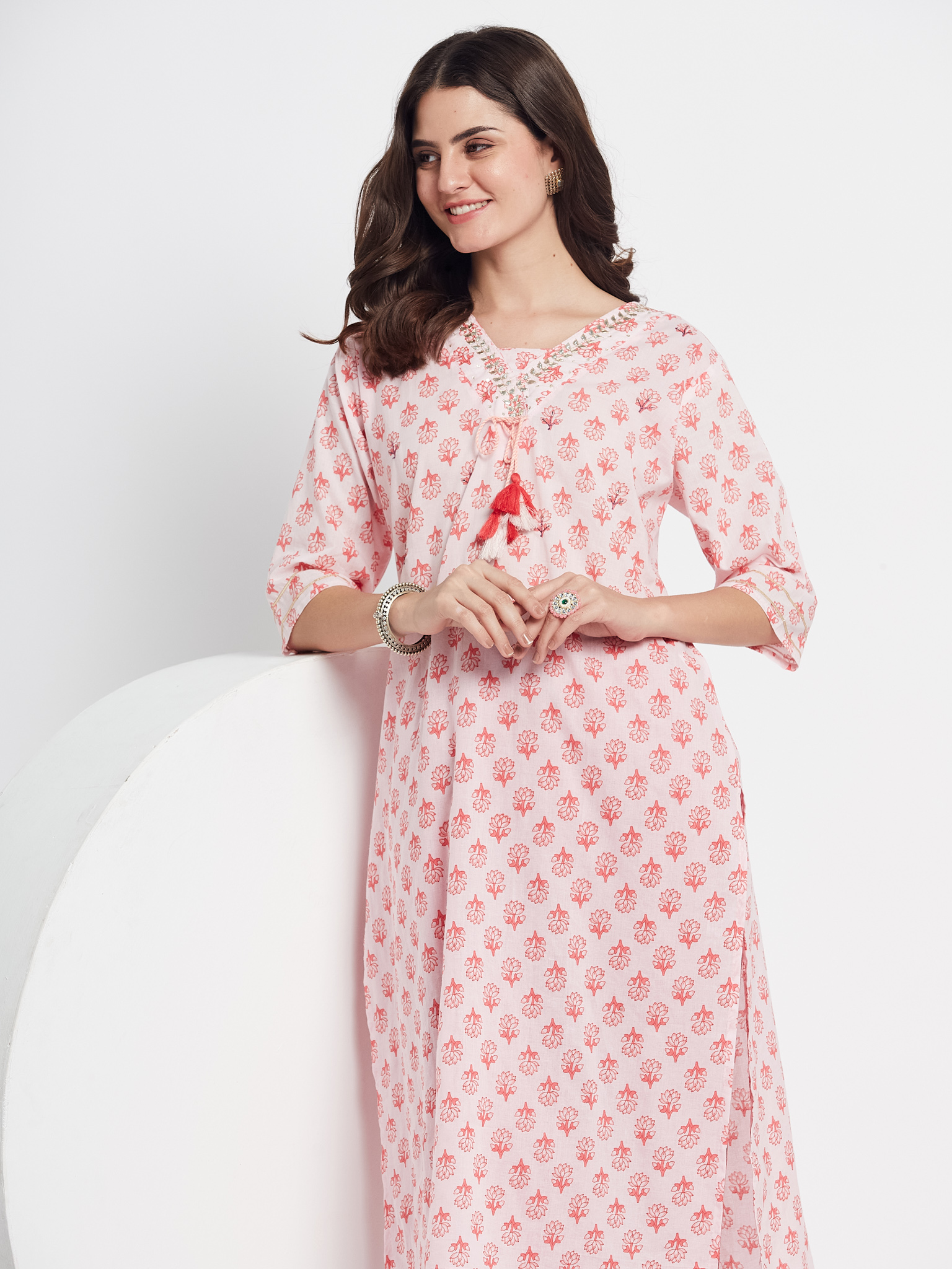 Pink Printed Kurta with Red Pants