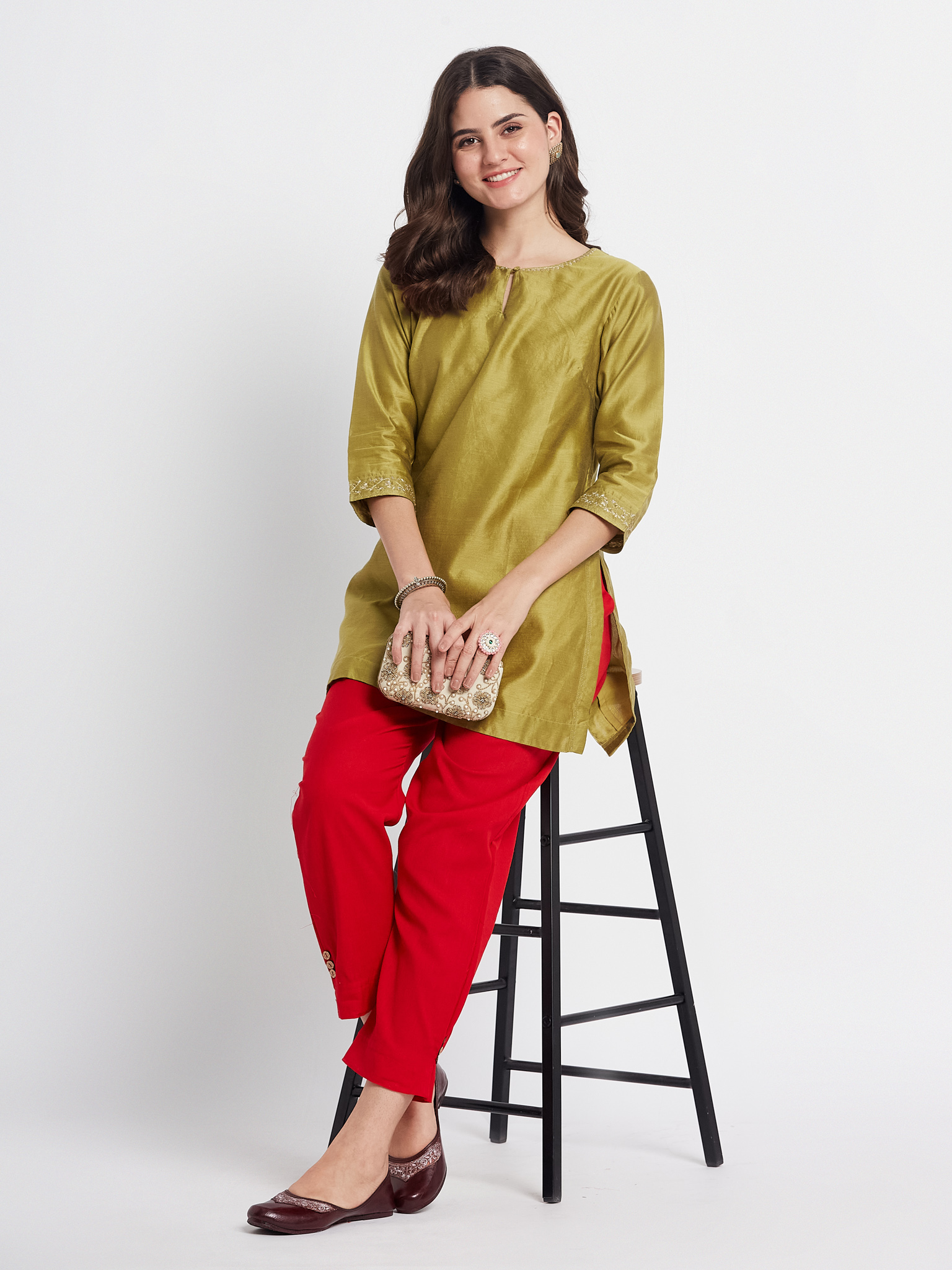 Olive Green Embroidered Kurti