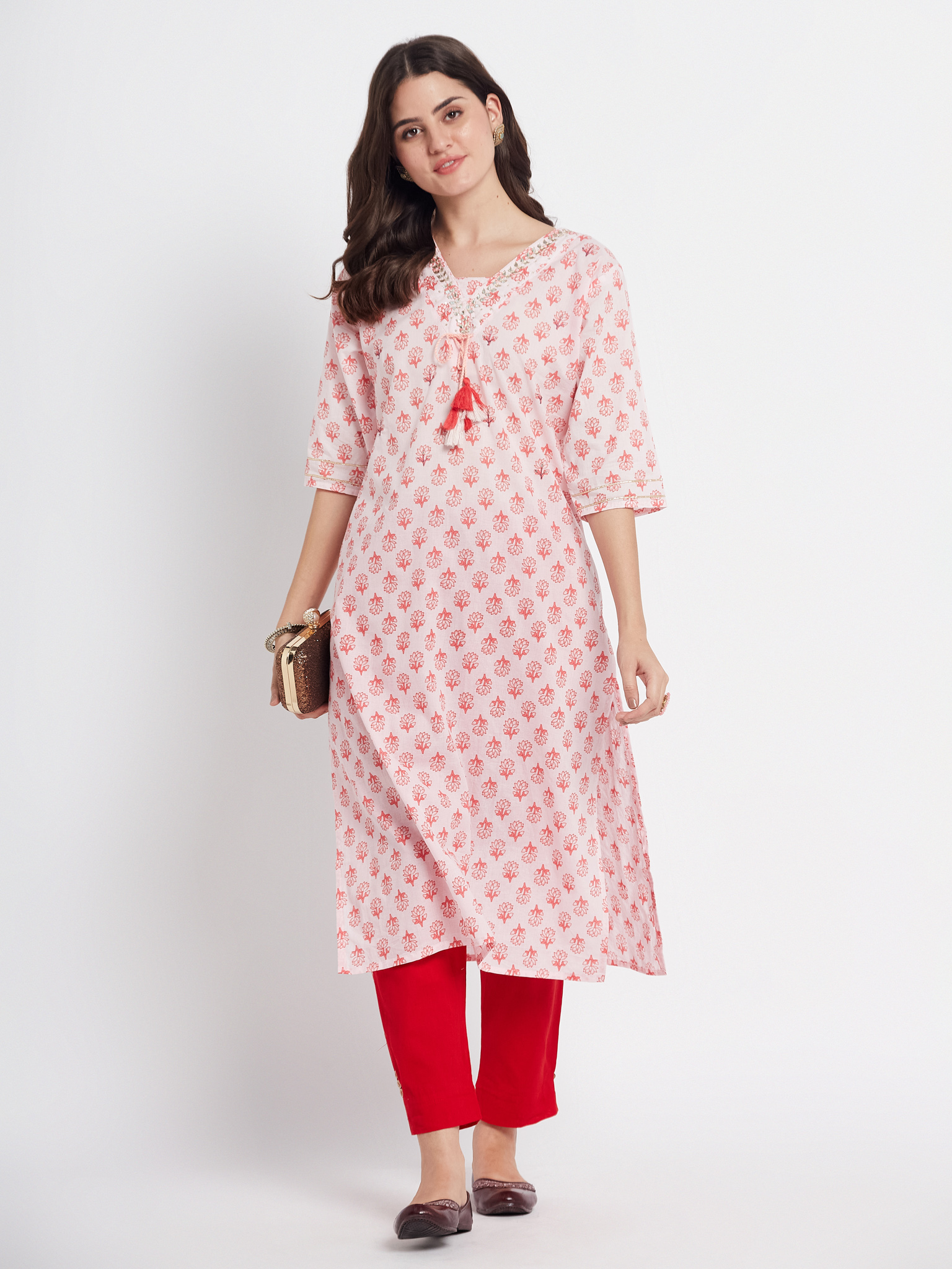Pink Printed Kurta with Red Pants