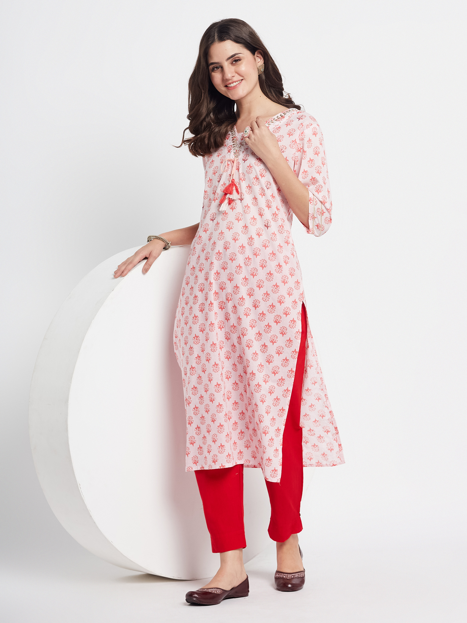 Pink Printed Kurta with Red Pants