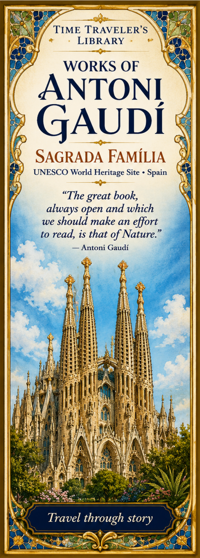 Works of Antoni Gaudí Bookmark | Time Traveler’s Library UNESCO Literary Travel Bookmark UNESCO World Heritage inspired bookmark featuring Barcelona’s Sagrada Família and Gaudí’s architectural vision