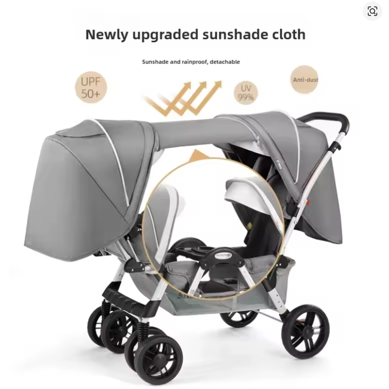 Compact Foldable Twin Stroller – Front & Rear Seats with Recline, Washable Covers, and Umbrella Fold Design