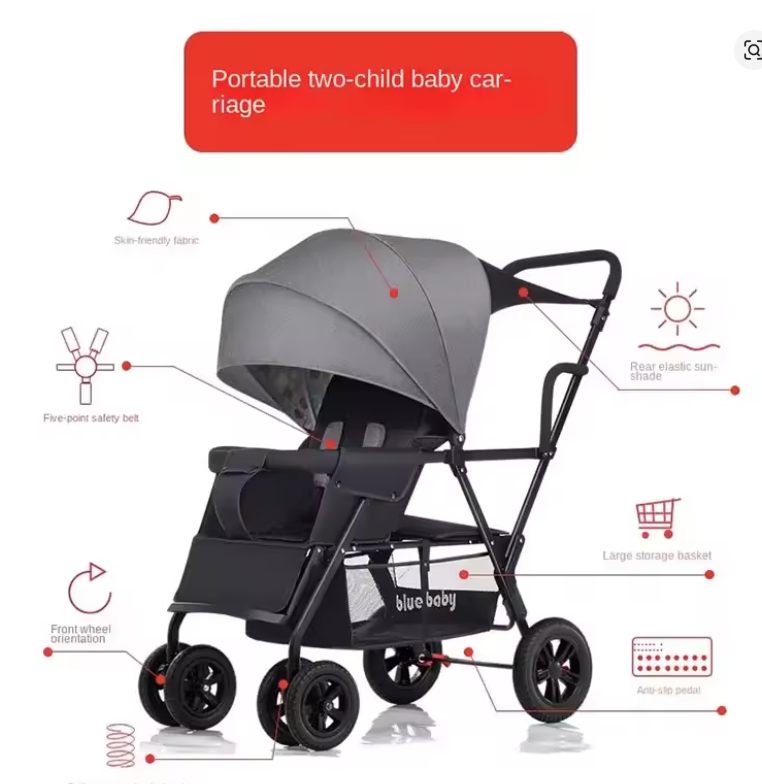 Convertible Twin Stroller with Removable Rear Seat – Foldable 4-Wheel Baby Stroller with Anti-Skid Shock Absorption (0–7 Years)