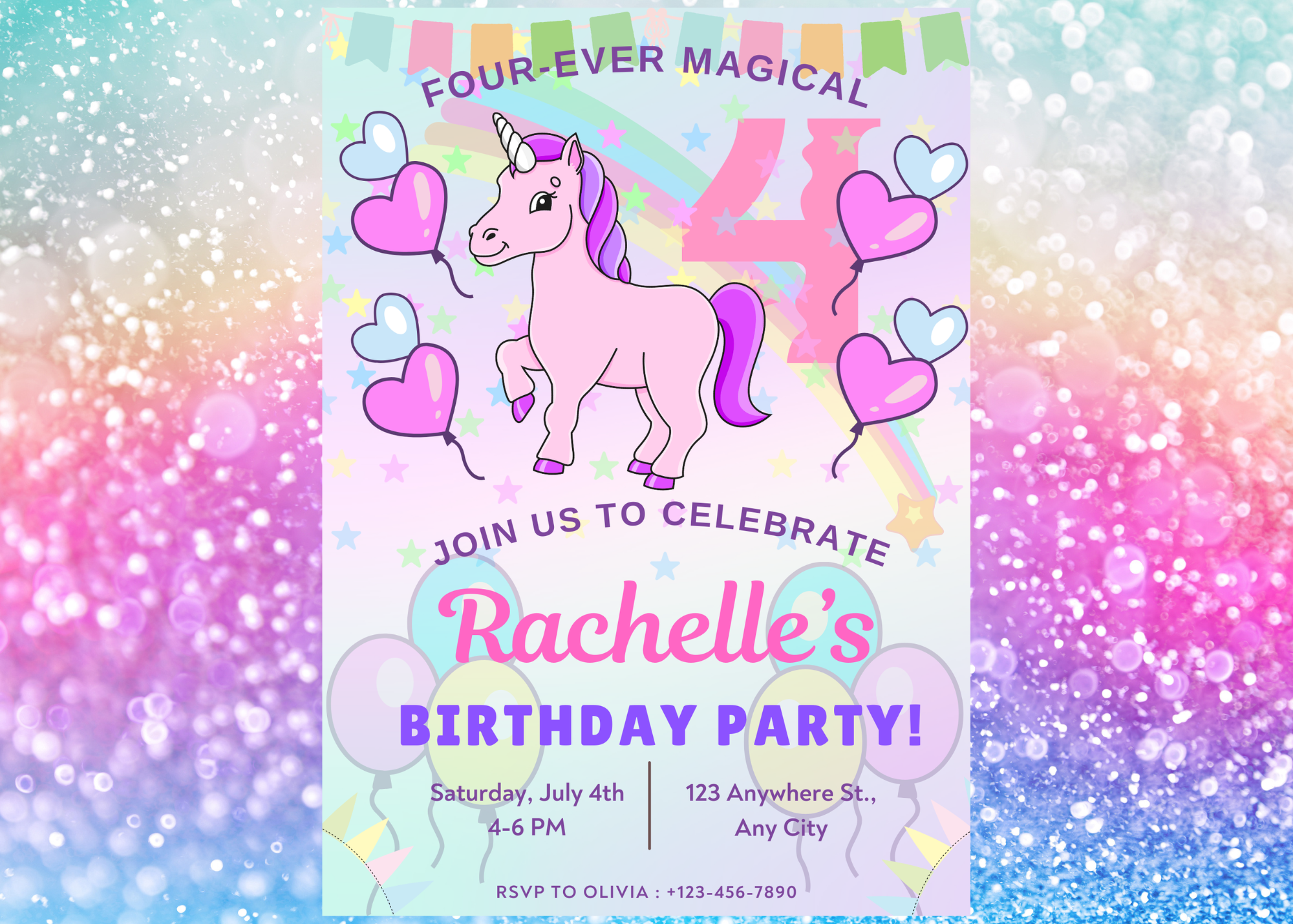 Unicorn Pastel Whimsical Birthday Invitation – Digital Download- Magical 4- Girls Birthday- Digital Invite- Instant Access- Easy Download