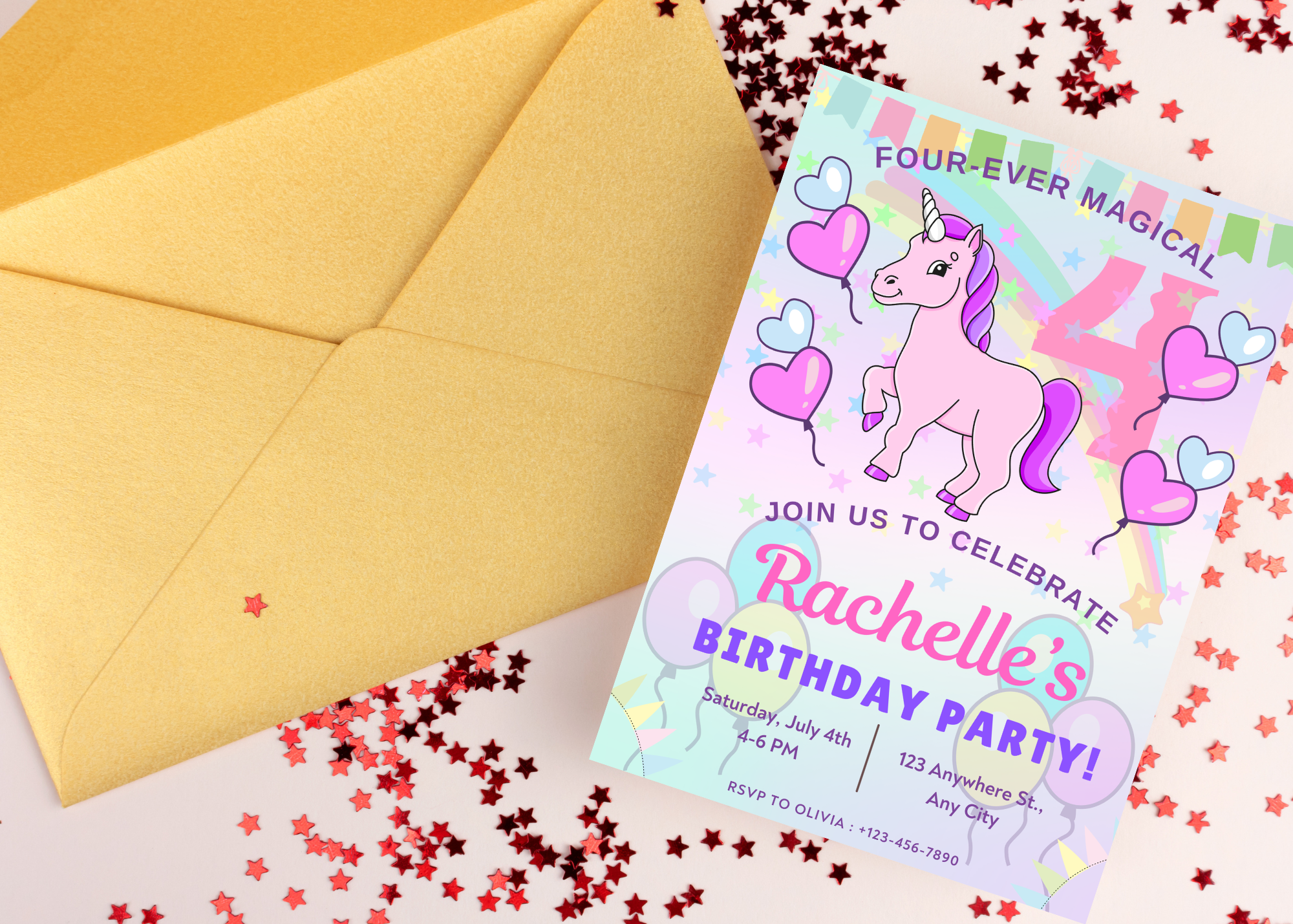 Unicorn Pastel Whimsical Birthday Invitation – Digital Download- Magical 4- Girls Birthday- Digital Invite- Instant Access- Easy Download