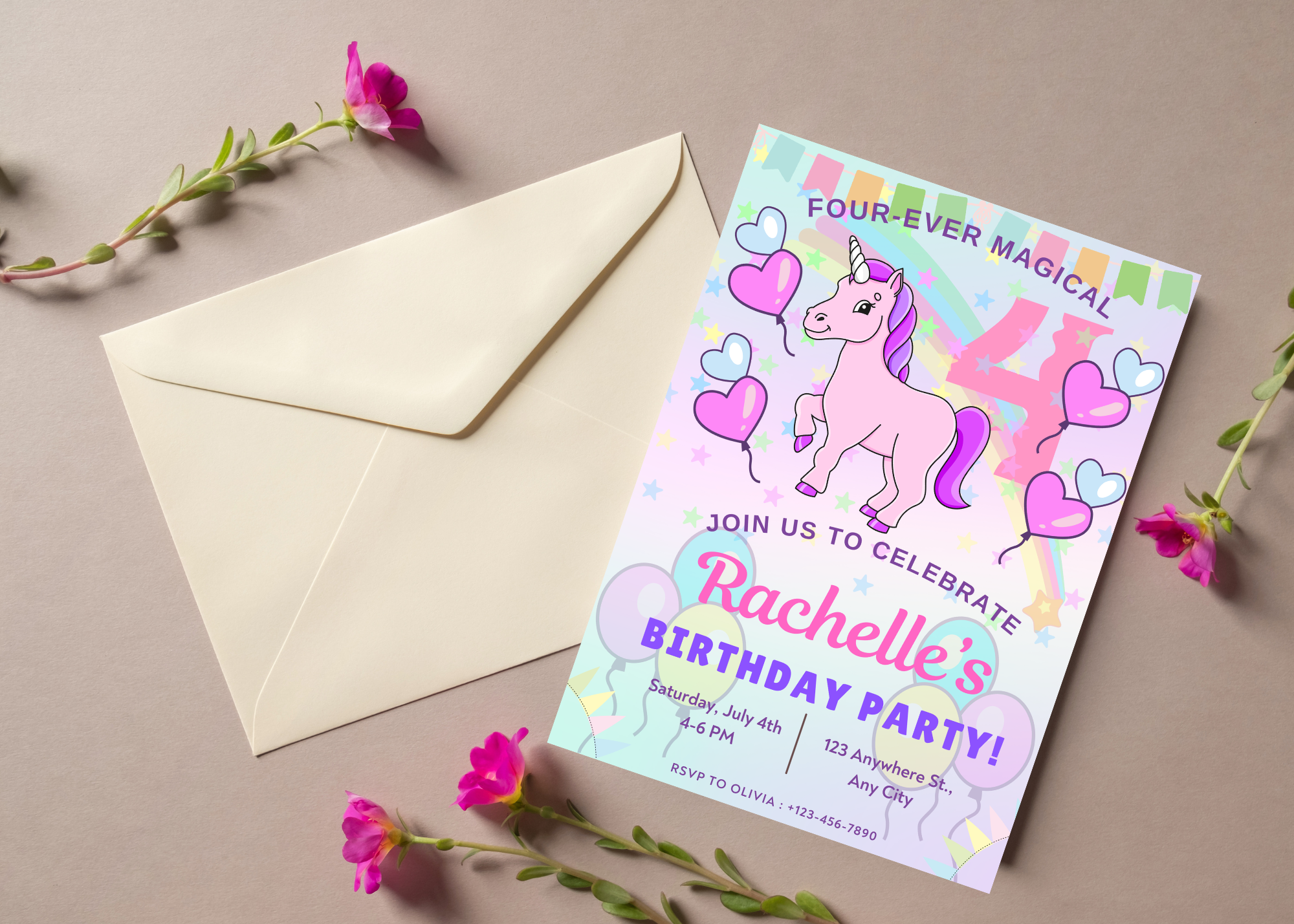 Unicorn Pastel Whimsical Birthday Invitation – Digital Download- Magical 4- Girls Birthday- Digital Invite- Instant Access- Easy Download