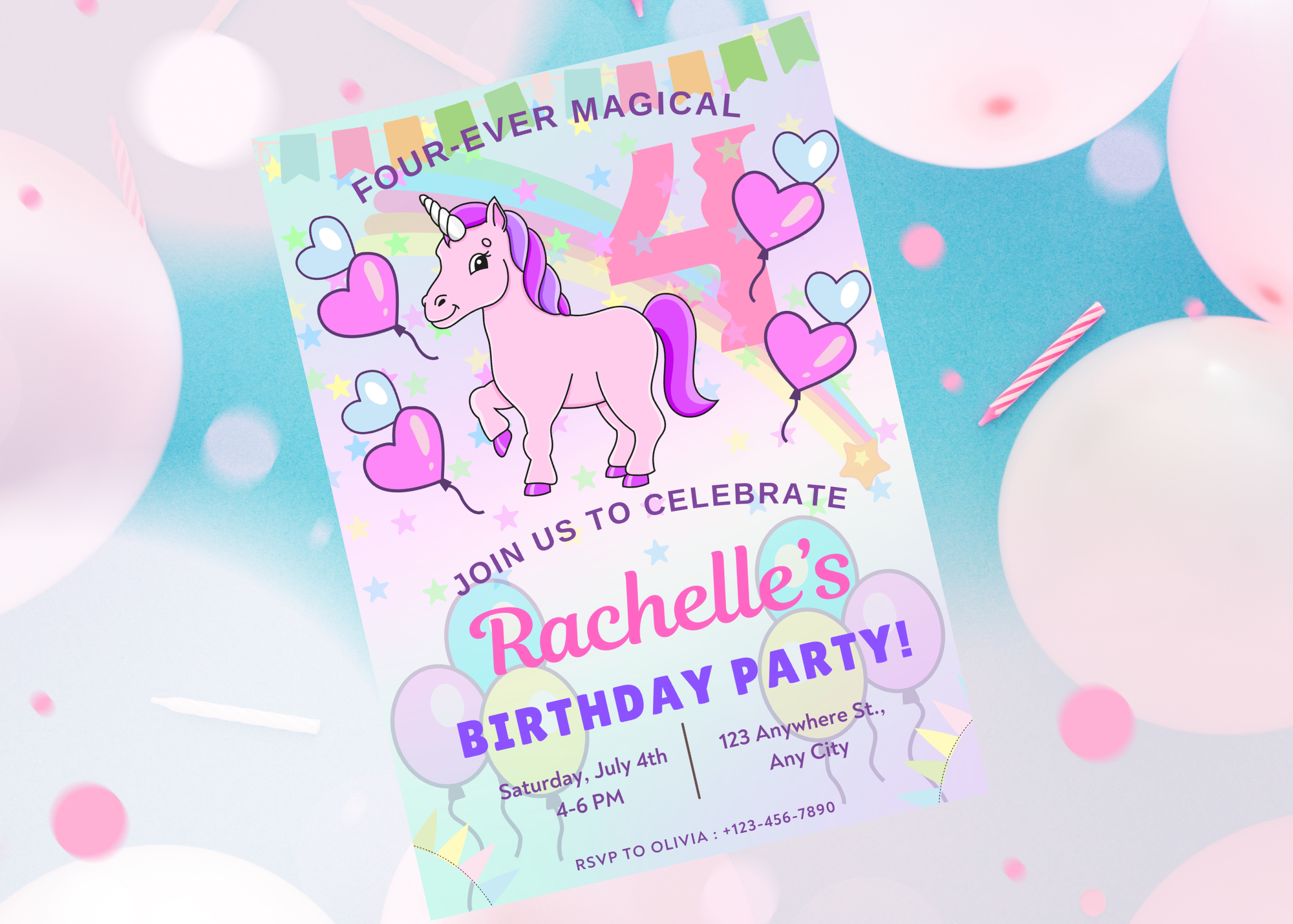 Unicorn Pastel Whimsical Birthday Invitation – Digital Download- Magical 4- Girls Birthday- Digital Invite- Instant Access- Easy Download