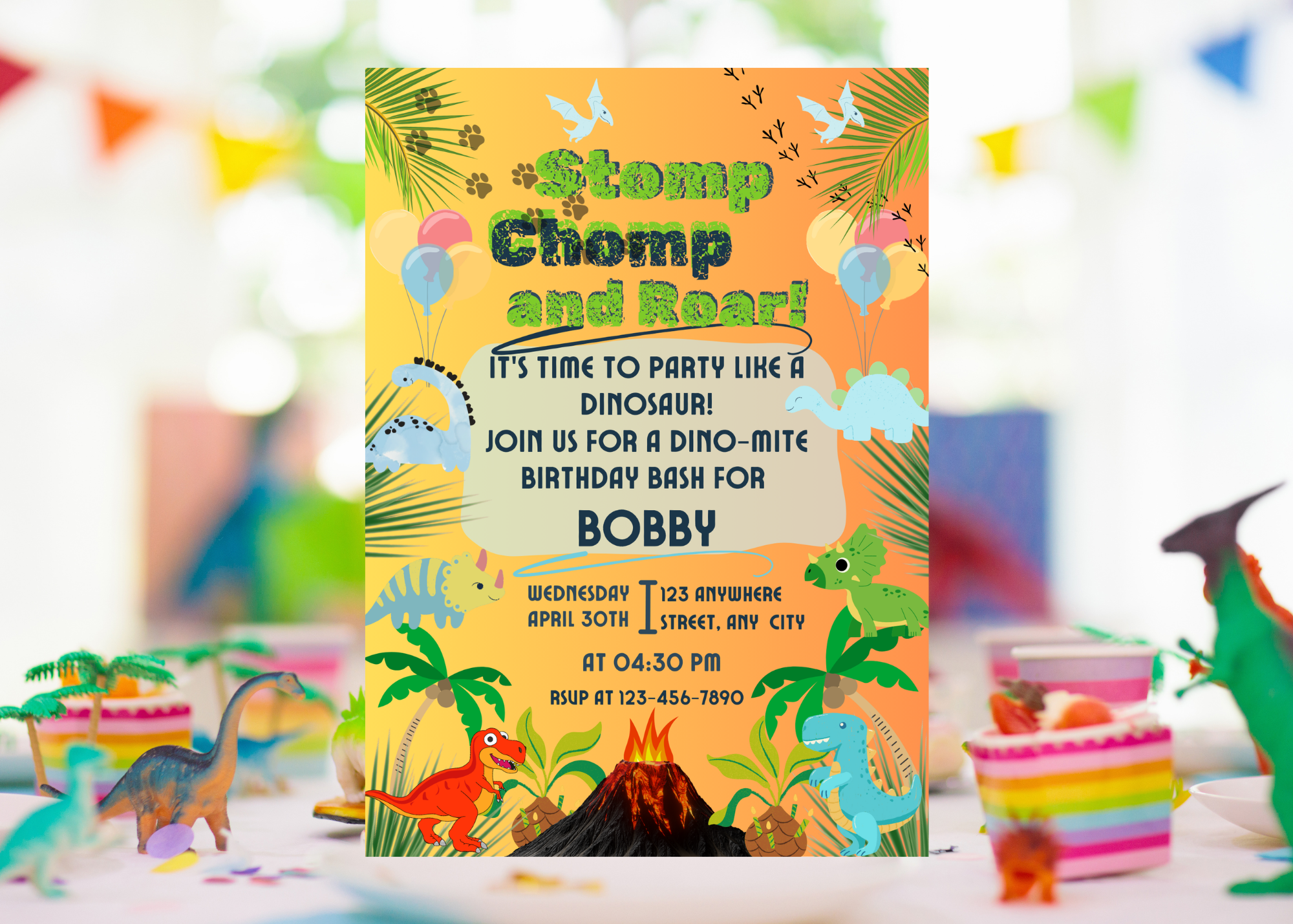 Dinosaur Stomp Chomp Roar Birthday Invitation | 5x7" Editable Template | Printable Digital Download