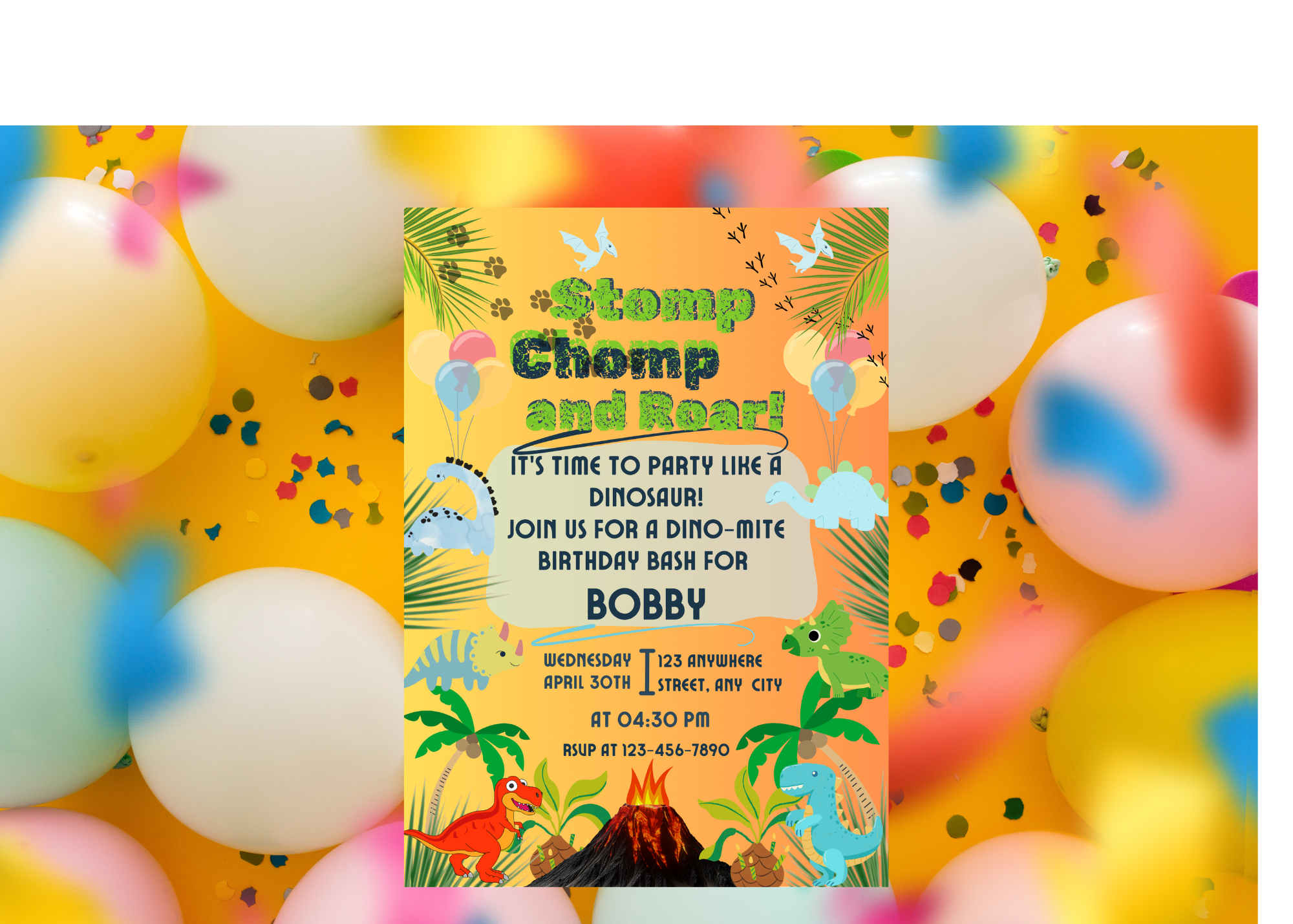 Dinosaur Stomp Chomp Roar Birthday Invitation | 5x7" Editable Template | Printable Digital Download