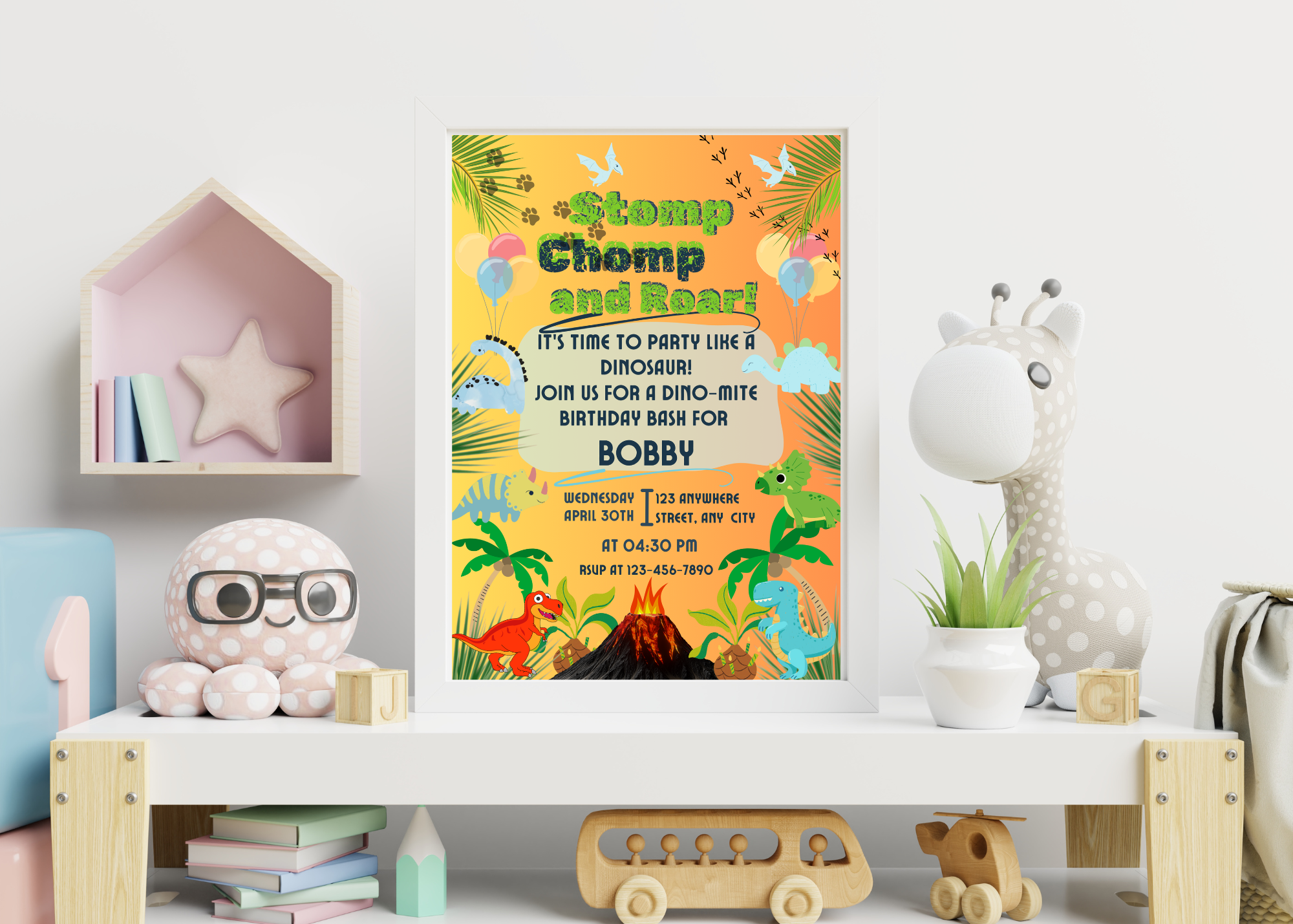 Dinosaur Stomp Chomp Roar Birthday Invitation | 5x7" Editable Template | Printable Digital Download