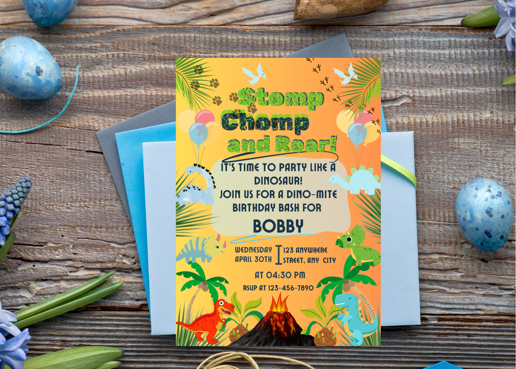 Dinosaur Stomp Chomp Roar Birthday Invitation | 5x7" Editable Template | Printable Digital Download