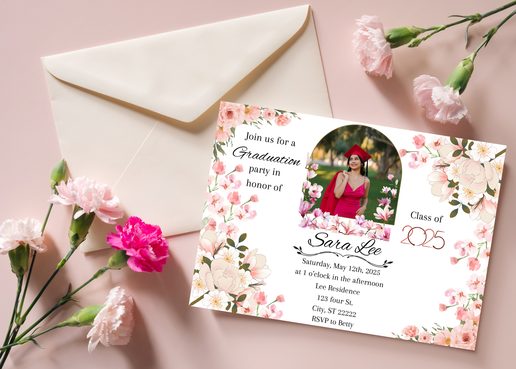 Pink Floral Graduation Invitation 2025 - Editable Text & Photo - Canva Template - Digital Download - Grad Party Invite - Instant Download