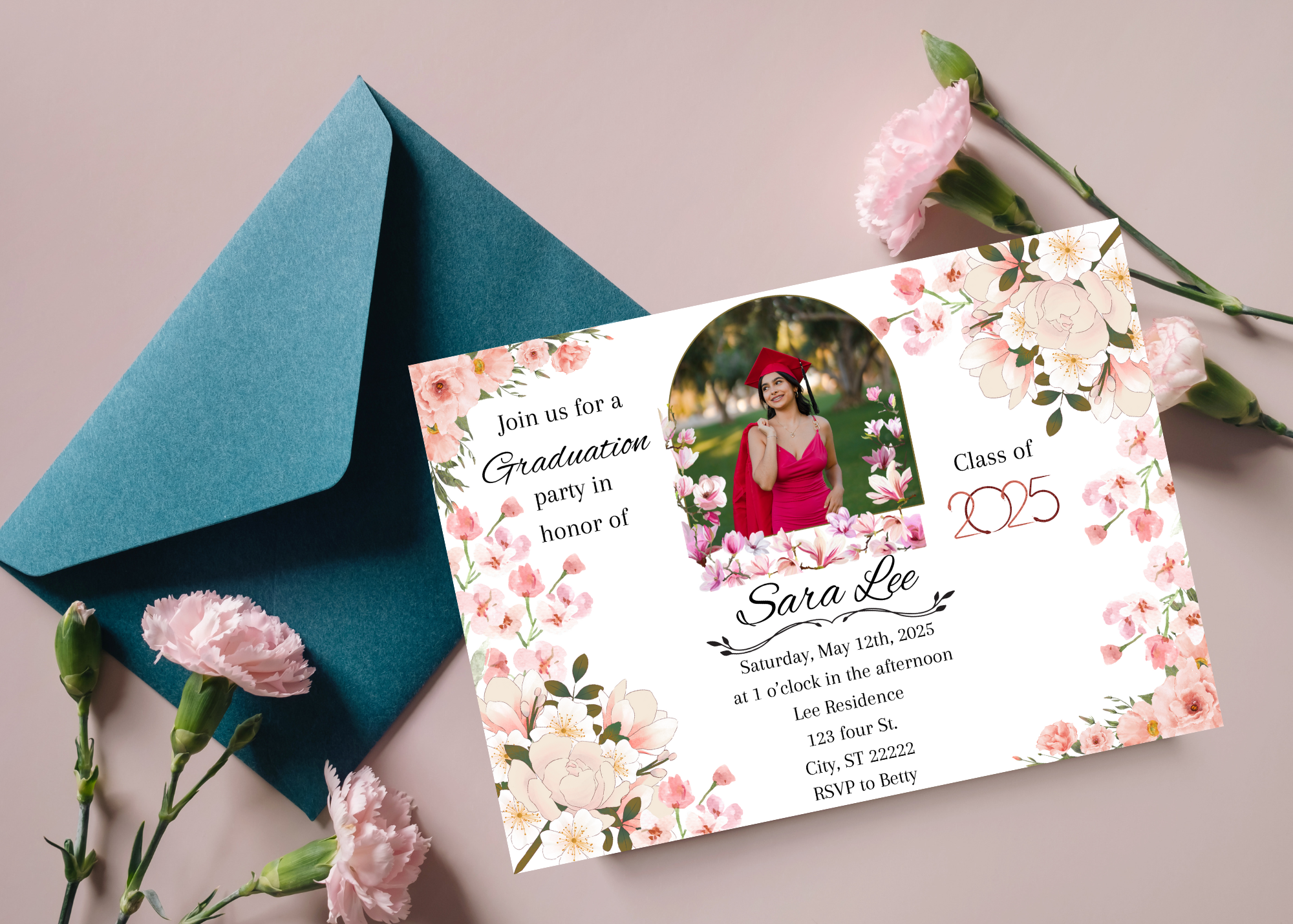 Pink Floral Graduation Invitation 2025 - Editable Text & Photo - Canva Template - Digital Download - Grad Party Invite - Instant Download