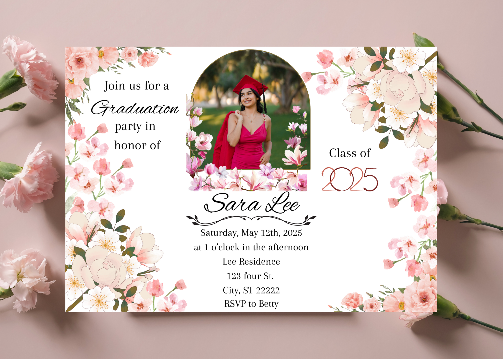 Pink Floral Graduation Invitation 2025 - Editable Text & Photo - Canva Template - Digital Download - Grad Party Invite - Instant Download