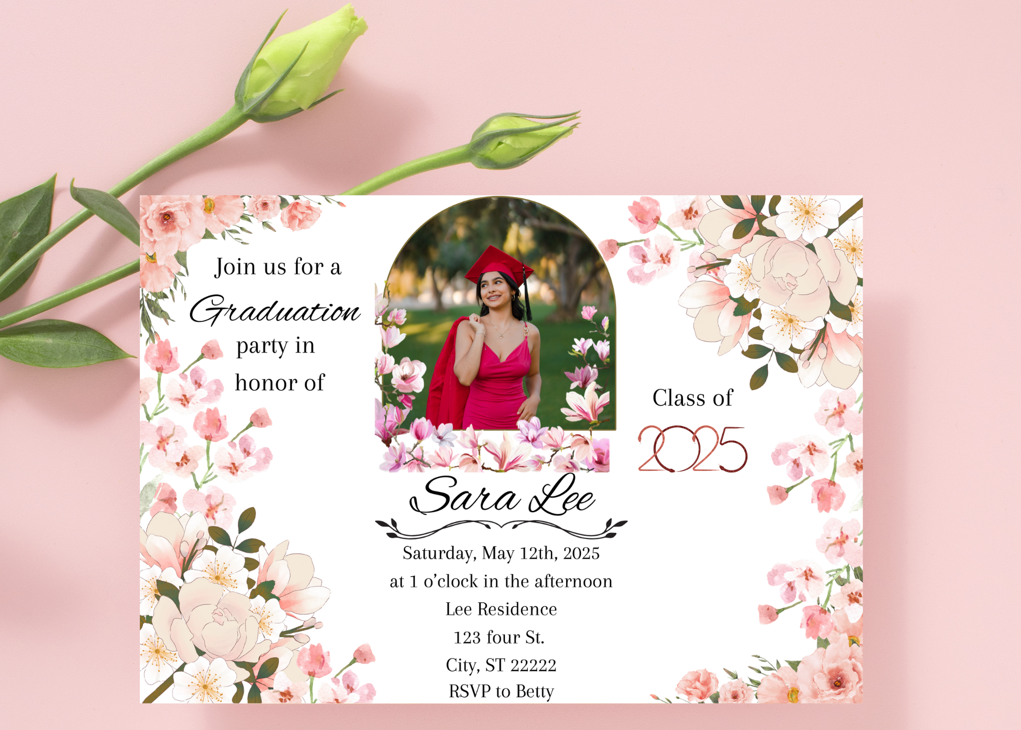 Pink Floral Graduation Invitation 2025 - Editable Text & Photo - Canva Template - Digital Download - Grad Party Invite - Instant Download