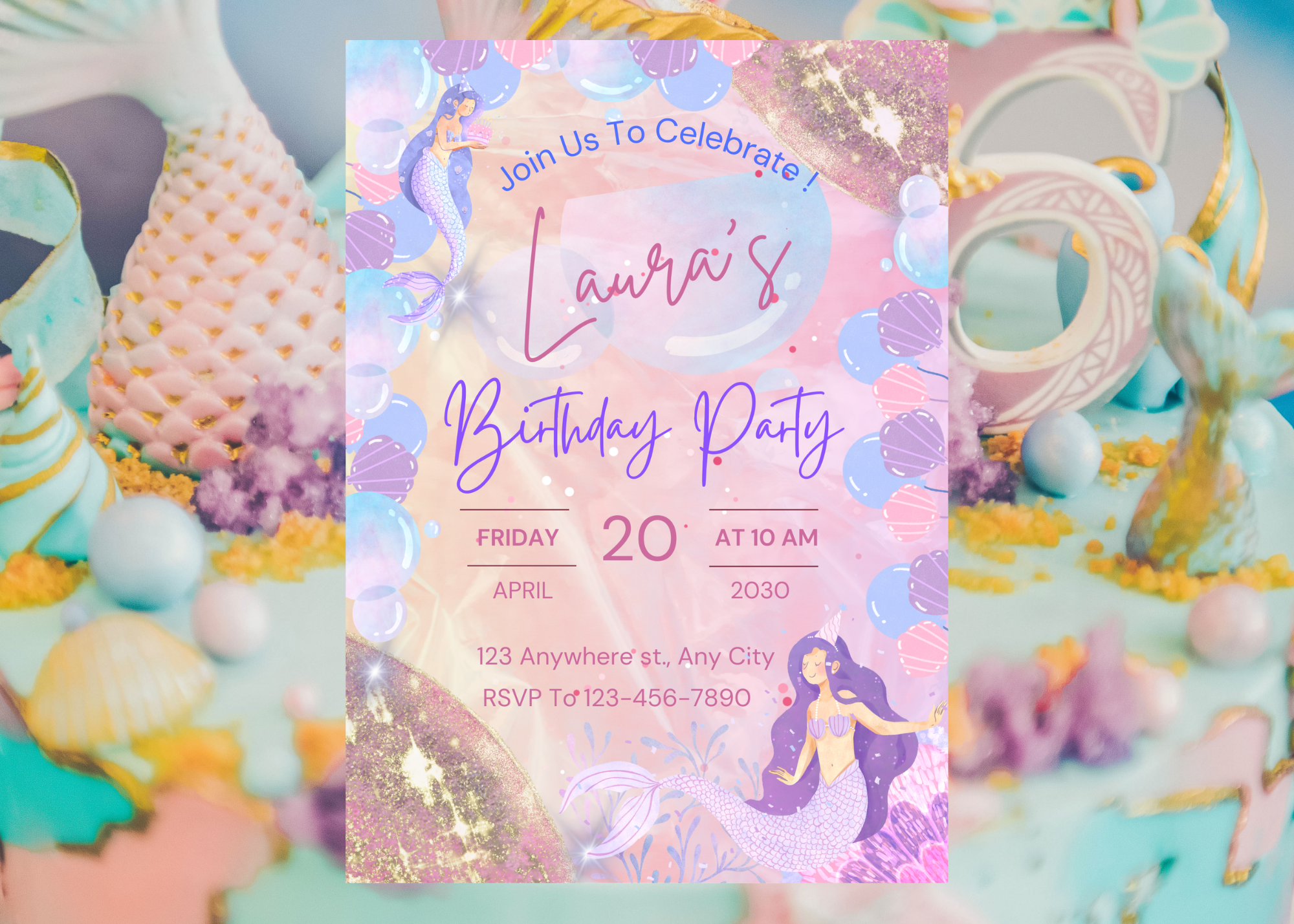 Purple Lavender Mermaid Bubble Birthday Invitation | Editable Canva Template | Under the Sea Party Invite | Digital Download