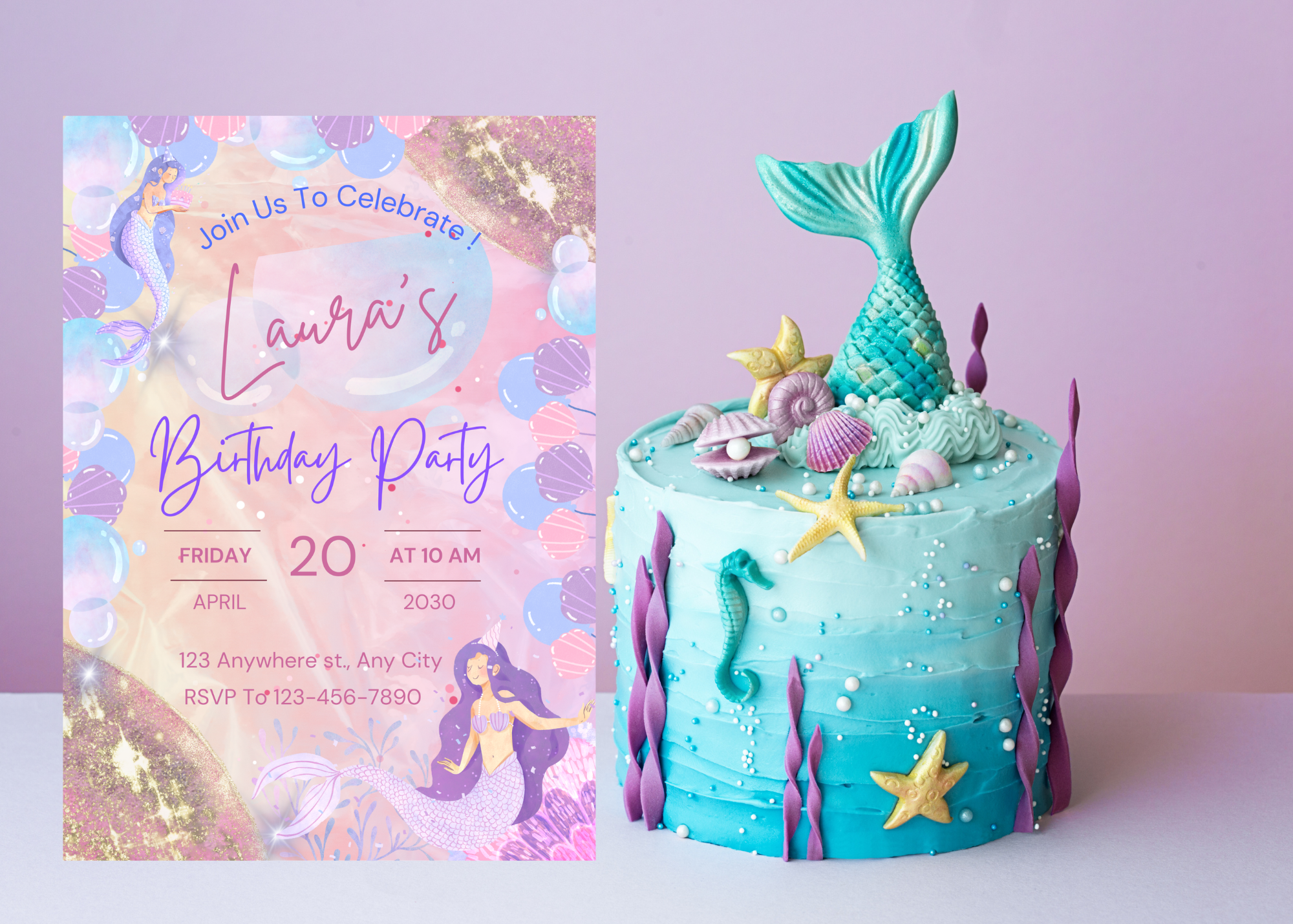 Purple Lavender Mermaid Bubble Birthday Invitation | Editable Canva Template | Under the Sea Party Invite | Digital Download