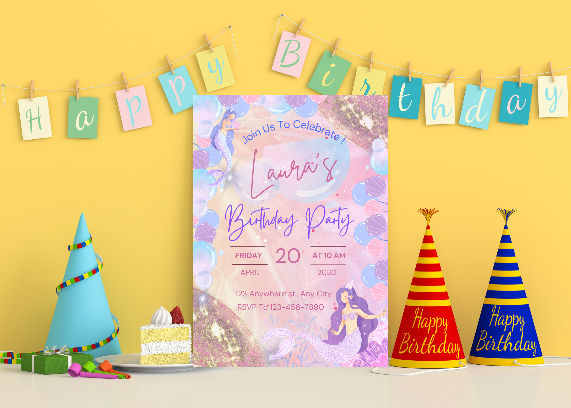 Purple Lavender Mermaid Bubble Birthday Invitation | Editable Canva Template | Under the Sea Party Invite | Digital Download