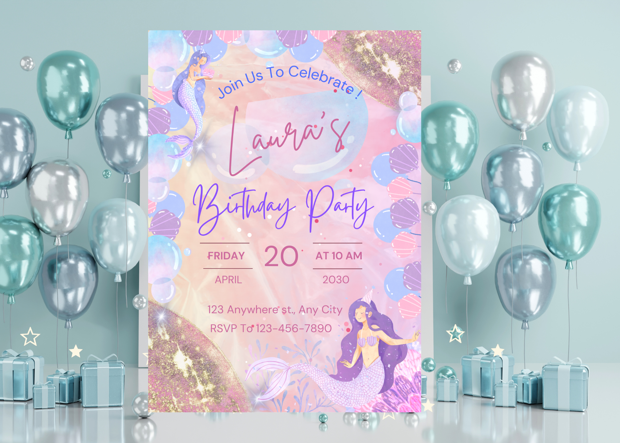Purple Lavender Mermaid Bubble Birthday Invitation | Editable Canva Template | Under the Sea Party Invite | Digital Download