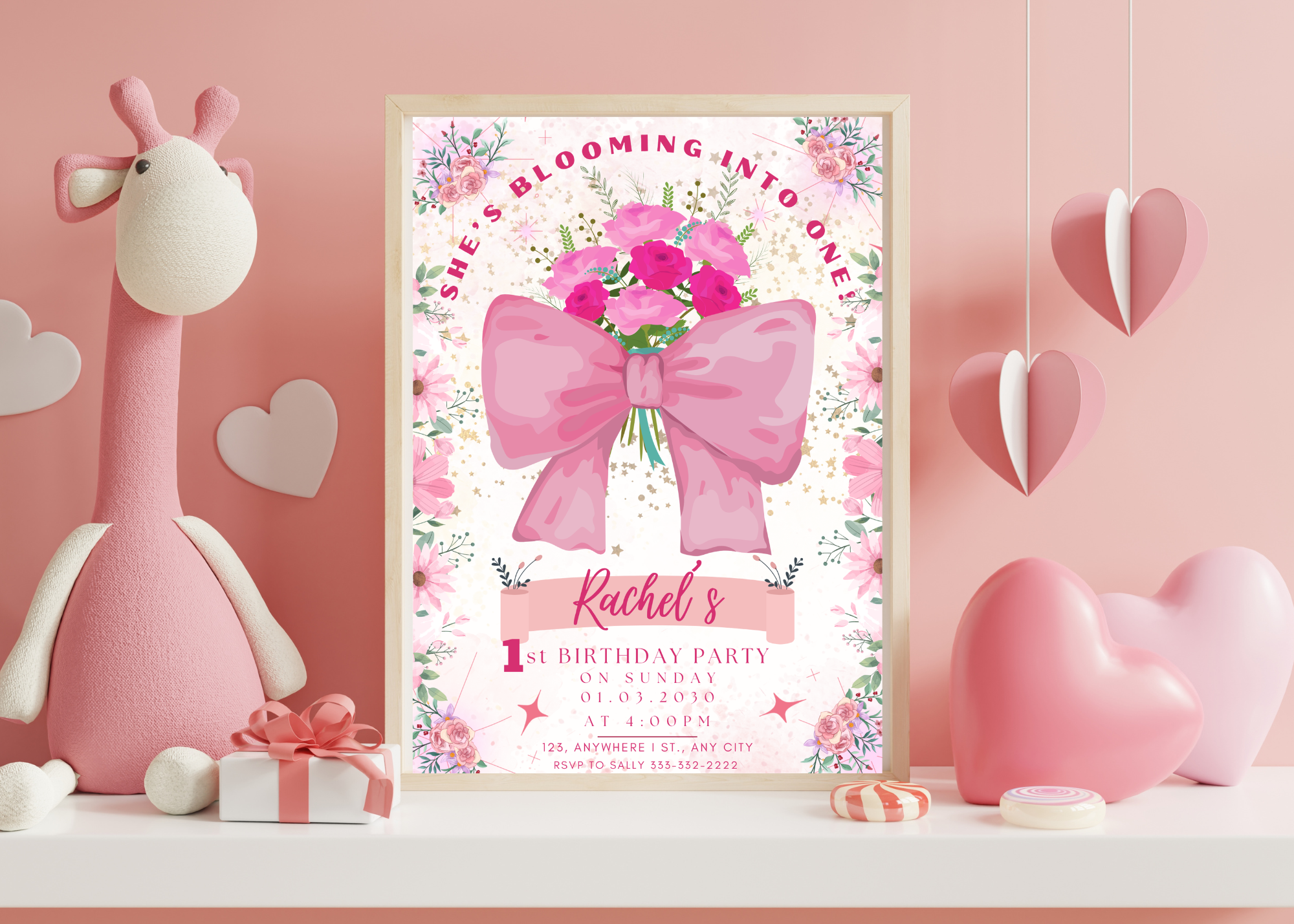 1st Birthday Digital Card | 'She's Blooming Into ONE!' | Floral Bouquet & Big Bow | Editable Canva Template | Instant Download | Customizable Text