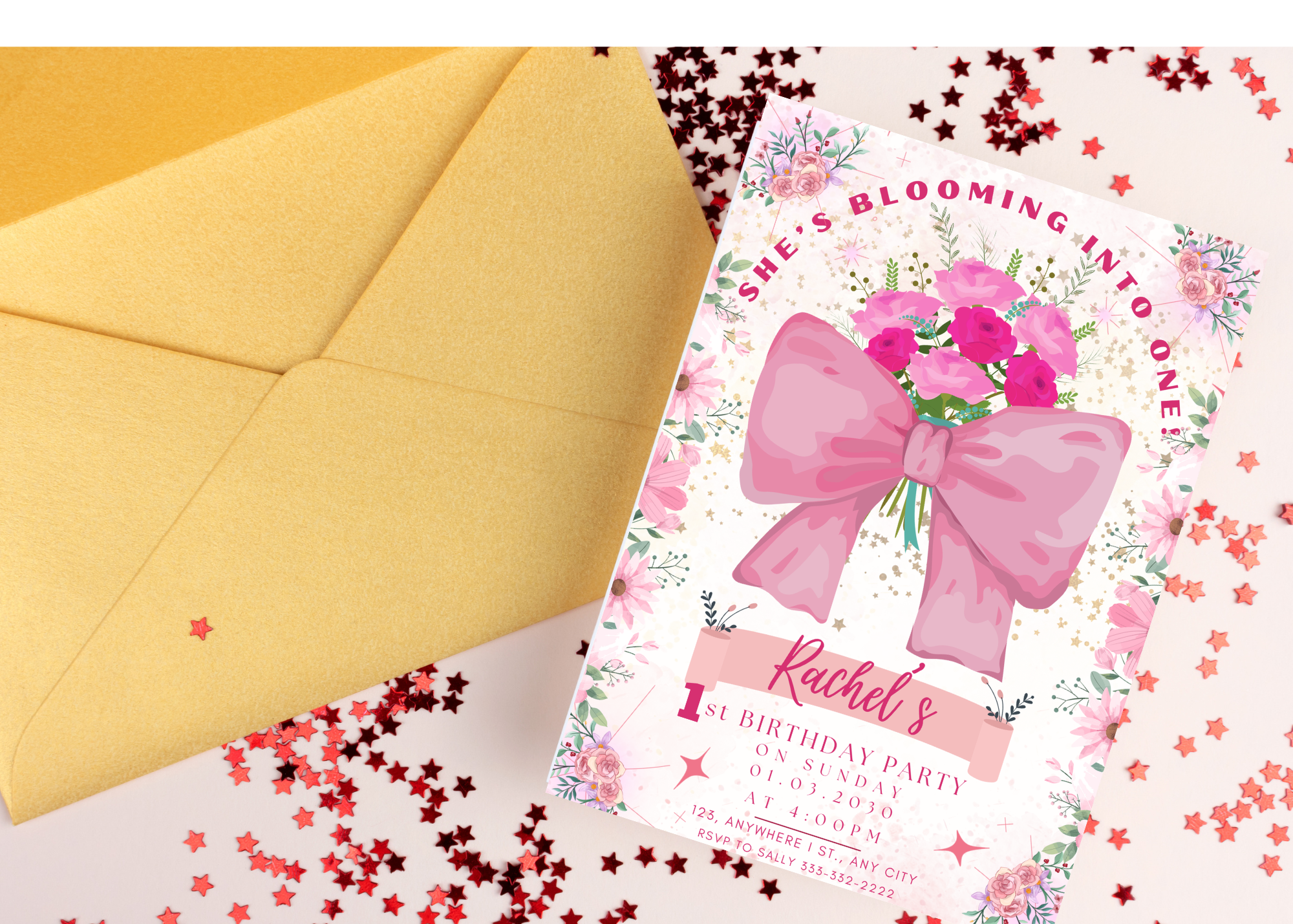 1st Birthday Digital Card | 'She's Blooming Into ONE!' | Floral Bouquet & Big Bow | Editable Canva Template | Instant Download | Customizable Text