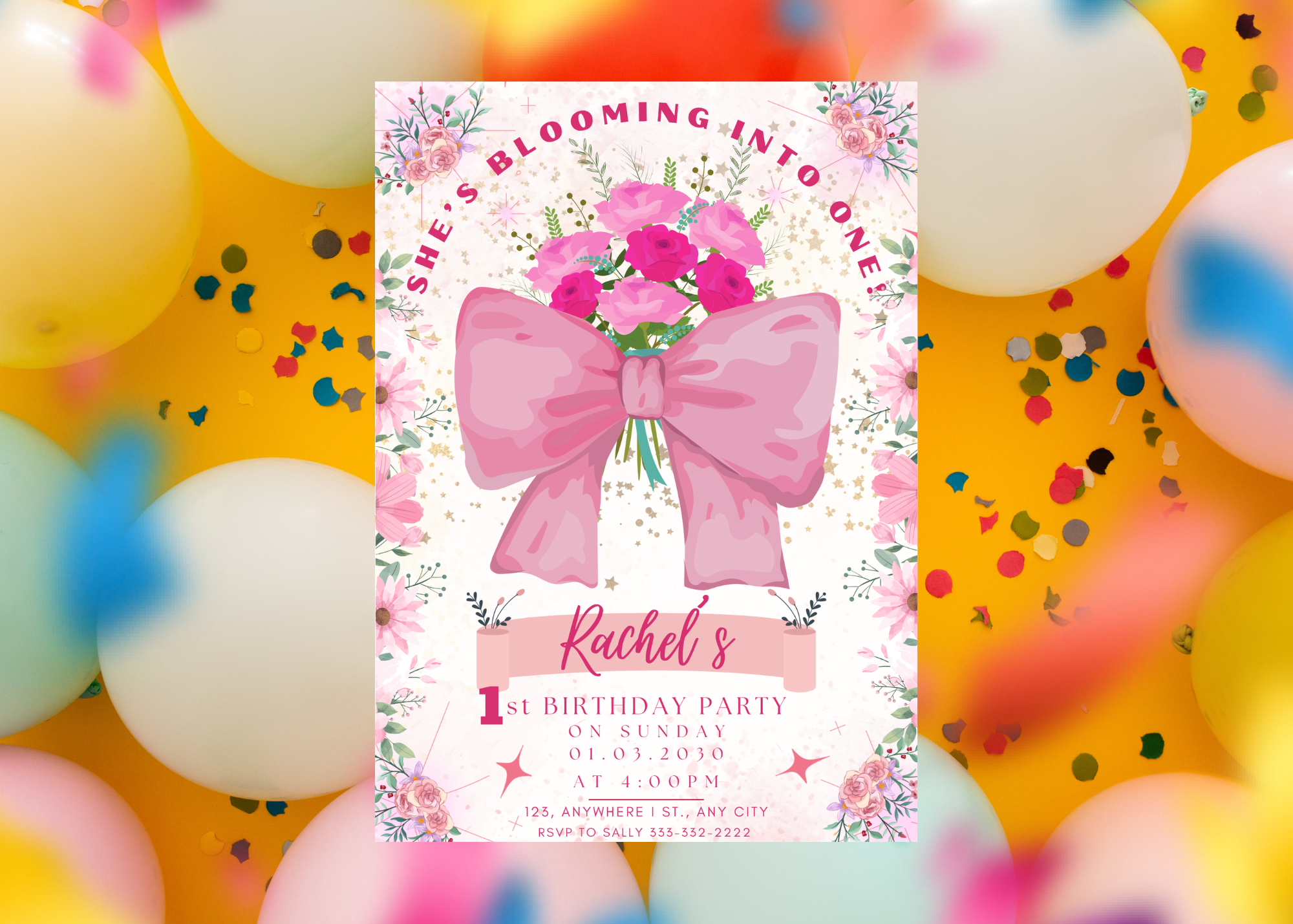1st Birthday Digital Card | 'She's Blooming Into ONE!' | Floral Bouquet & Big Bow | Editable Canva Template | Instant Download | Customizable Text
