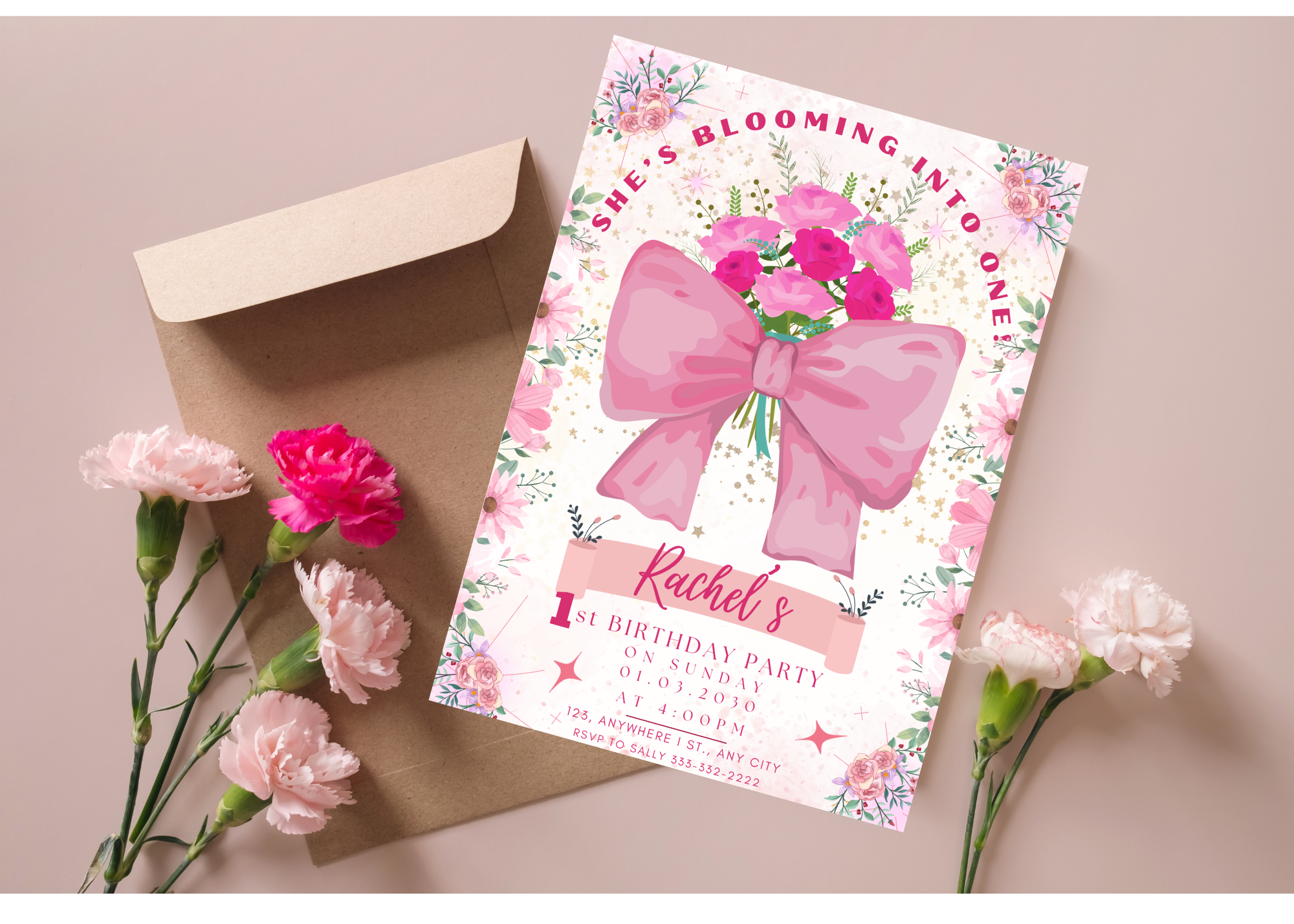 1st Birthday Digital Card | 'She's Blooming Into ONE!' | Floral Bouquet & Big Bow | Editable Canva Template | Instant Download | Customizable Text