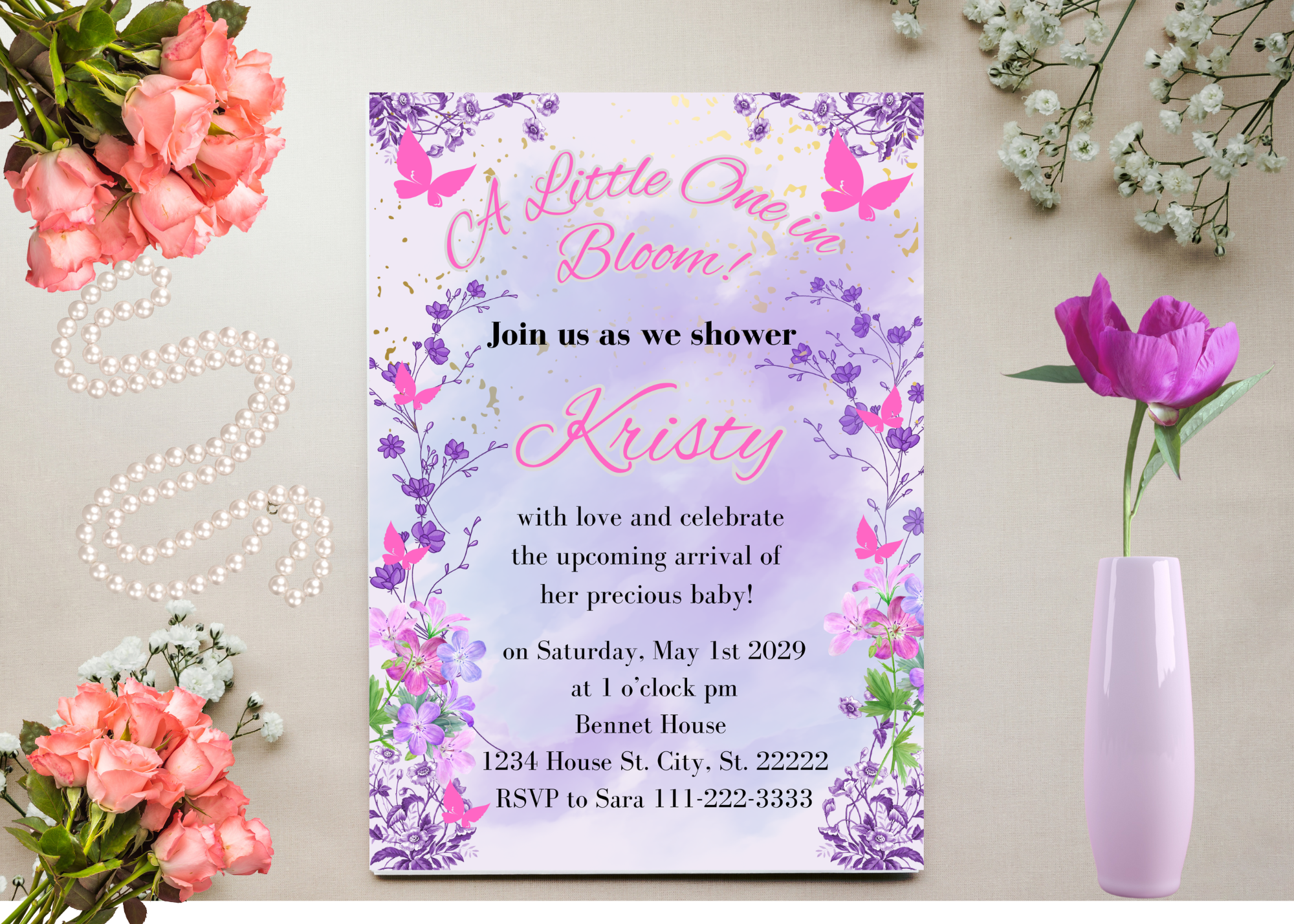 Lavender Purple Floral Baby Shower Invitation | Little One in Bloom | Editable Canva Template | Digital Download | Girl Baby Shower Invite