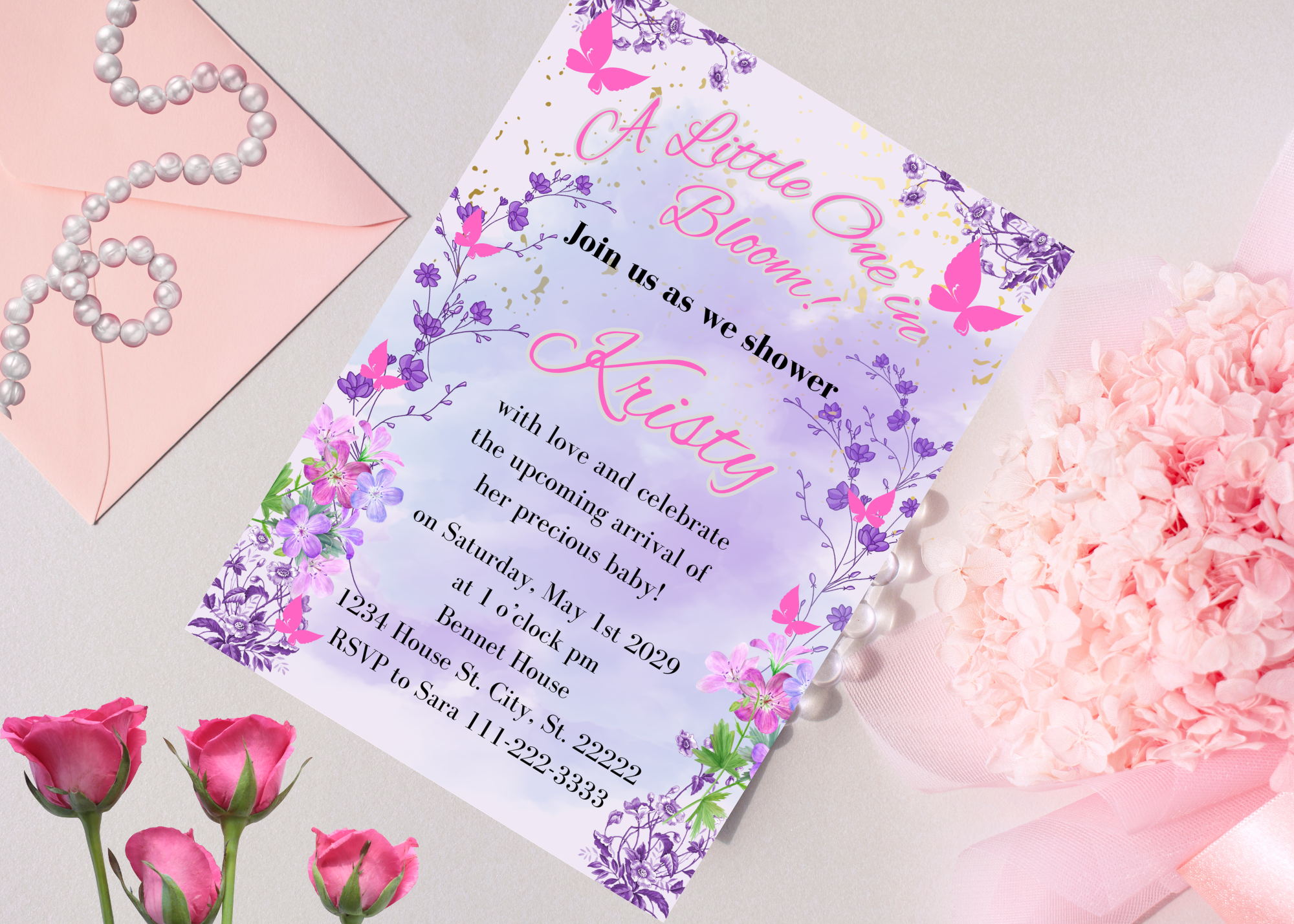 Lavender Purple Floral Baby Shower Invitation | Little One in Bloom | Editable Canva Template | Digital Download | Girl Baby Shower Invite