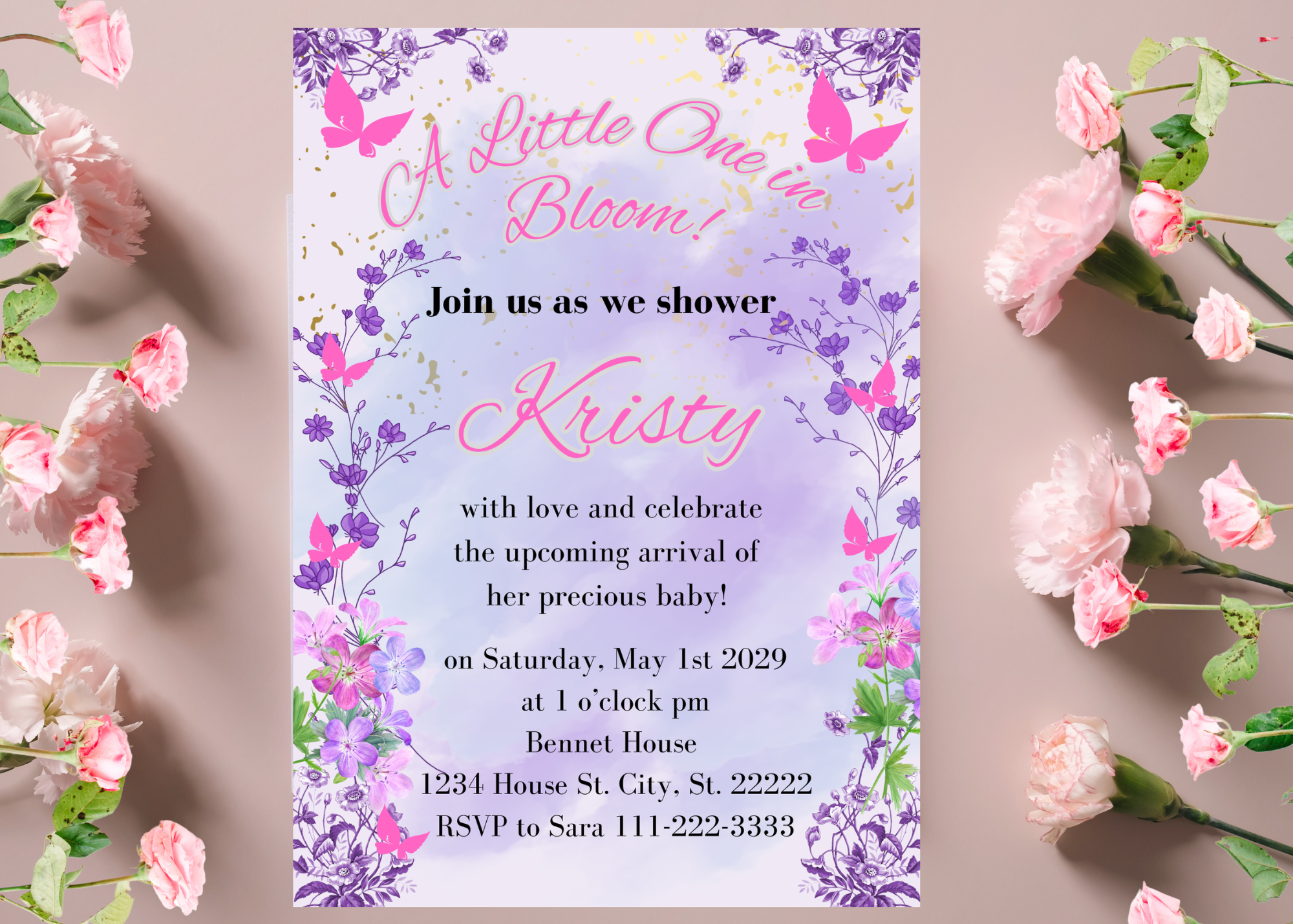 Lavender Purple Floral Baby Shower Invitation | Little One in Bloom | Editable Canva Template | Digital Download | Girl Baby Shower Invite