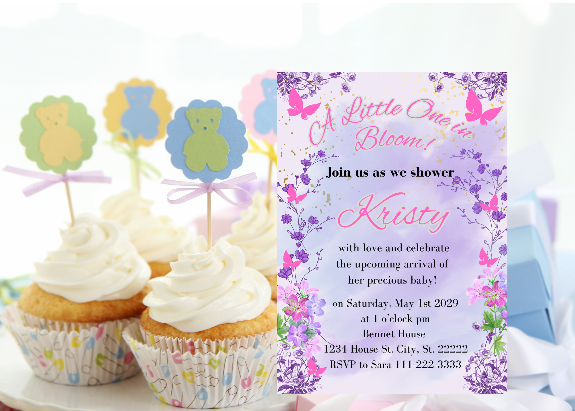 Lavender Purple Floral Baby Shower Invitation | Little One in Bloom | Editable Canva Template | Digital Download | Girl Baby Shower Invite