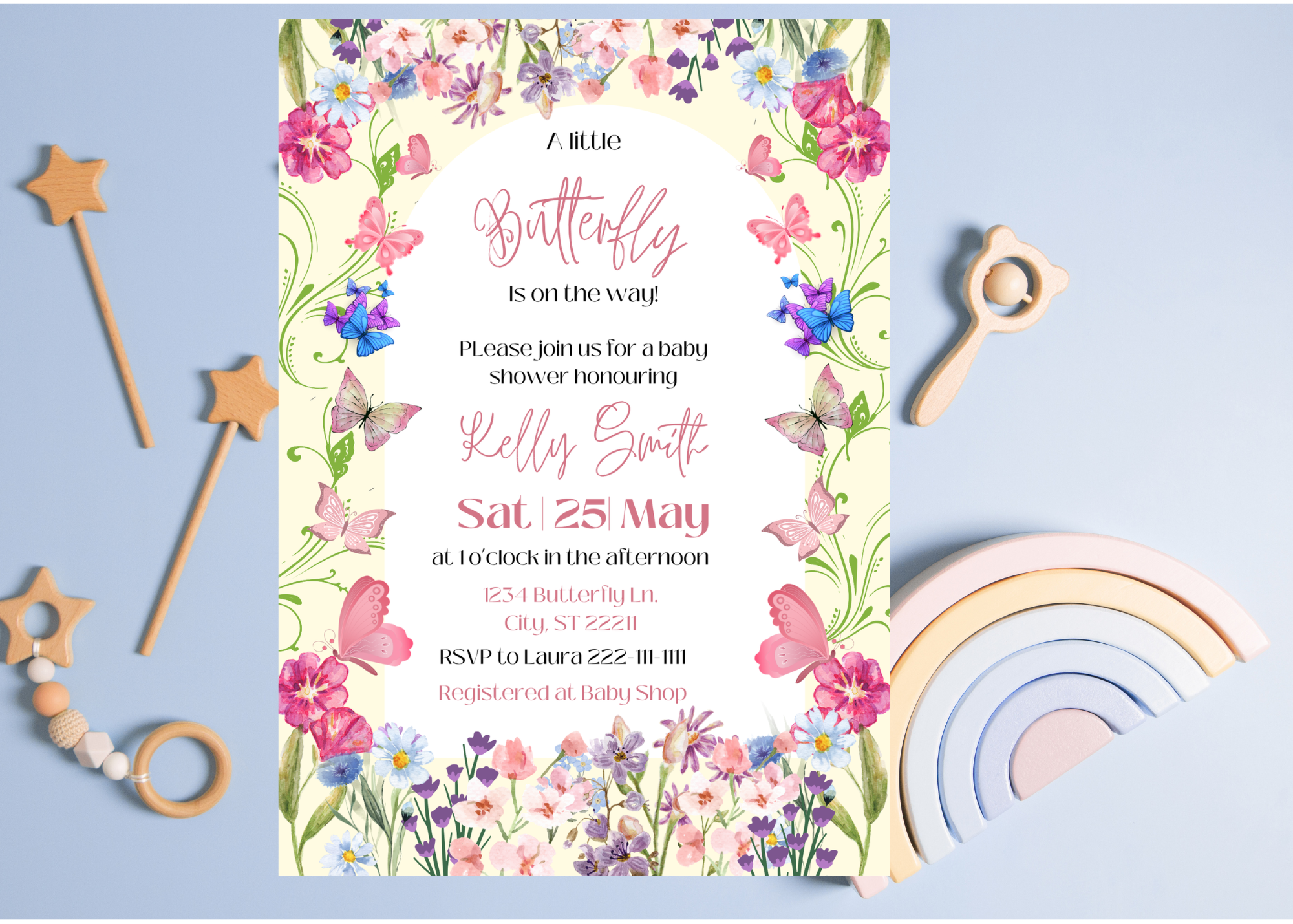 A Little Butterfly Is on the Way Baby Shower Invitation | Floral Butterfly Baby Shower Invite | Editable Digital Template | Instant Download