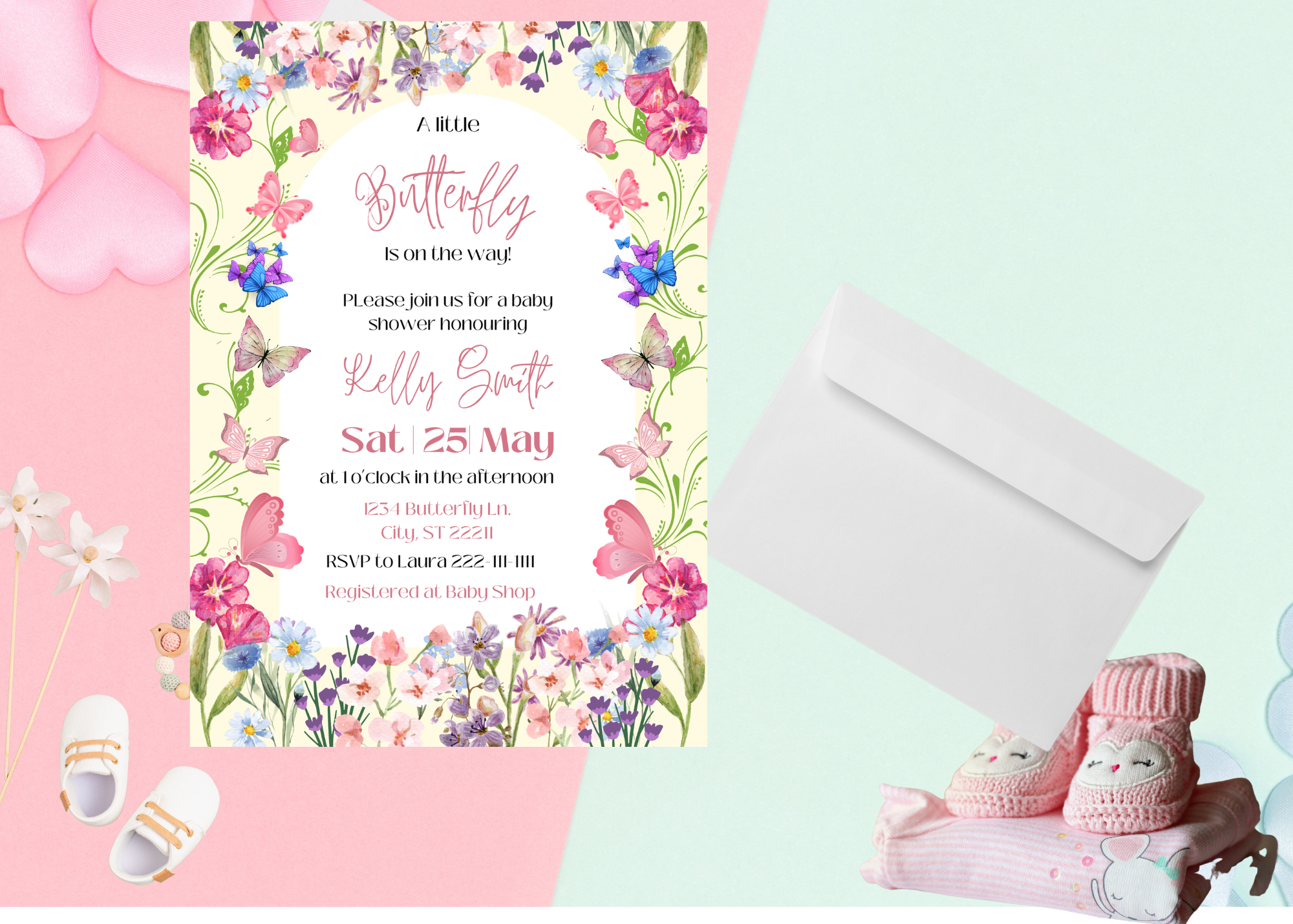 A Little Butterfly Is on the Way Baby Shower Invitation | Floral Butterfly Baby Shower Invite | Editable Digital Template | Instant Download