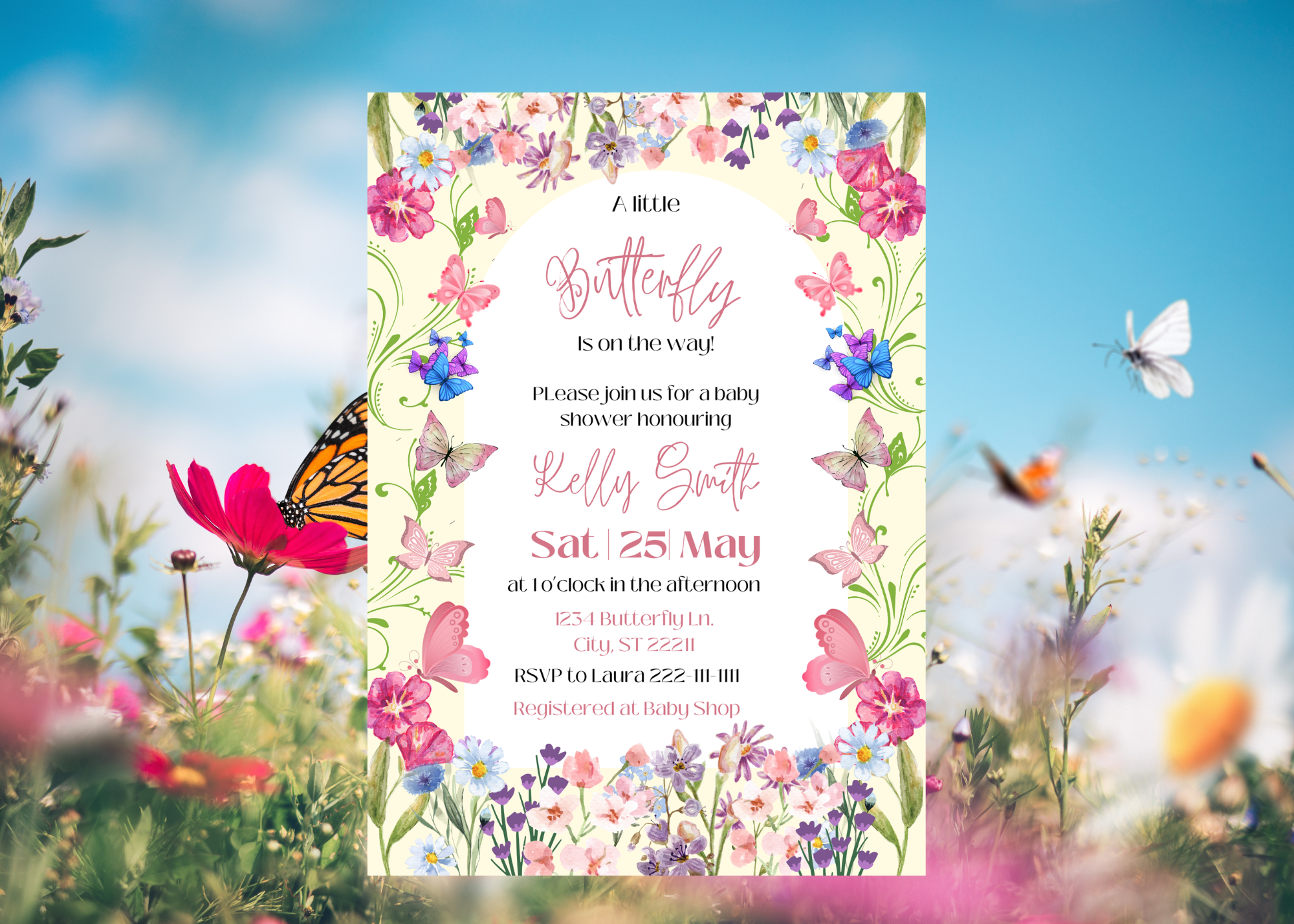 A Little Butterfly Is on the Way Baby Shower Invitation | Floral Butterfly Baby Shower Invite | Editable Digital Template | Instant Download