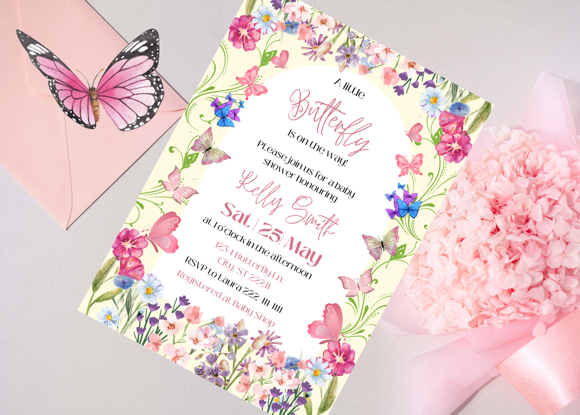 A Little Butterfly Is on the Way Baby Shower Invitation | Floral Butterfly Baby Shower Invite | Editable Digital Template | Instant Download