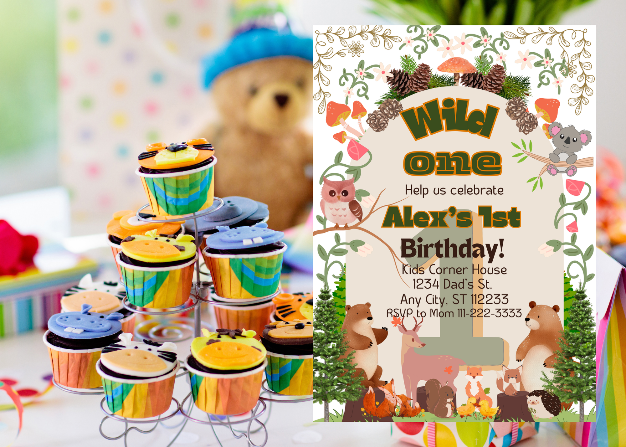 Woodland Creatures Wild One Birthday Invitation | Editable Canva Template | First Birthday Party Digital Download | Forest Animals Invite