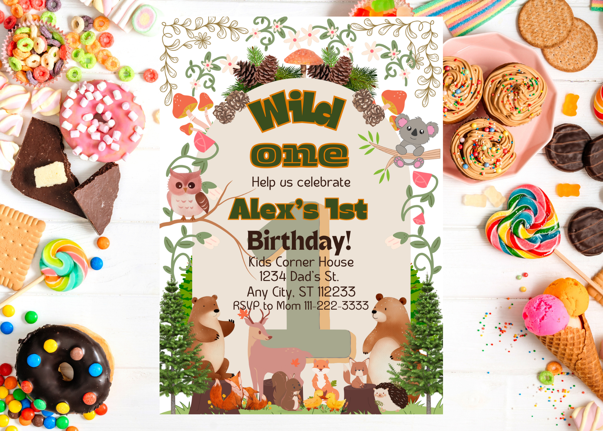 Woodland Creatures Wild One Birthday Invitation | Editable Canva Template | First Birthday Party Digital Download | Forest Animals Invite