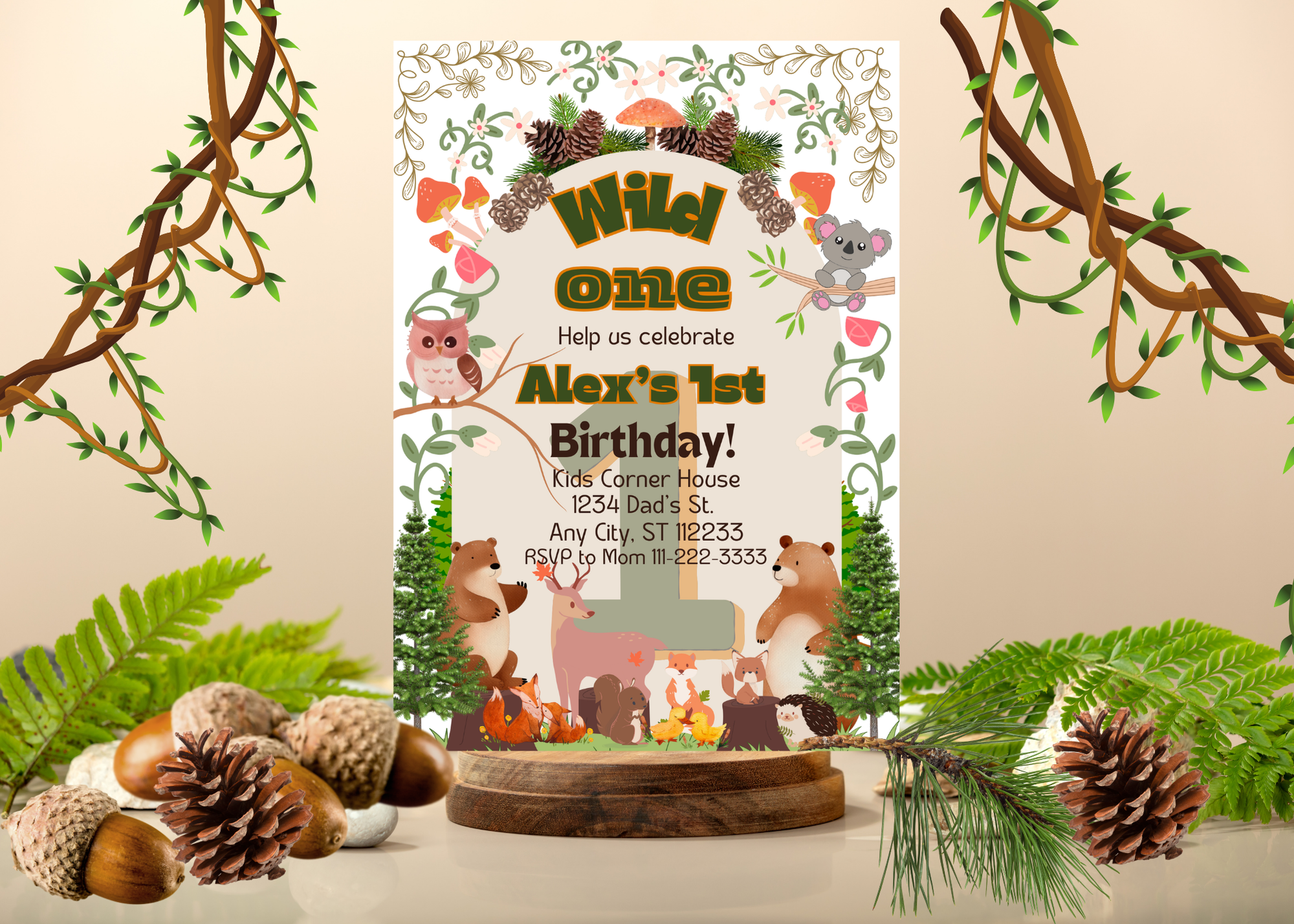Woodland Creatures Wild One Birthday Invitation | Editable Canva Template | First Birthday Party Digital Download | Forest Animals Invite