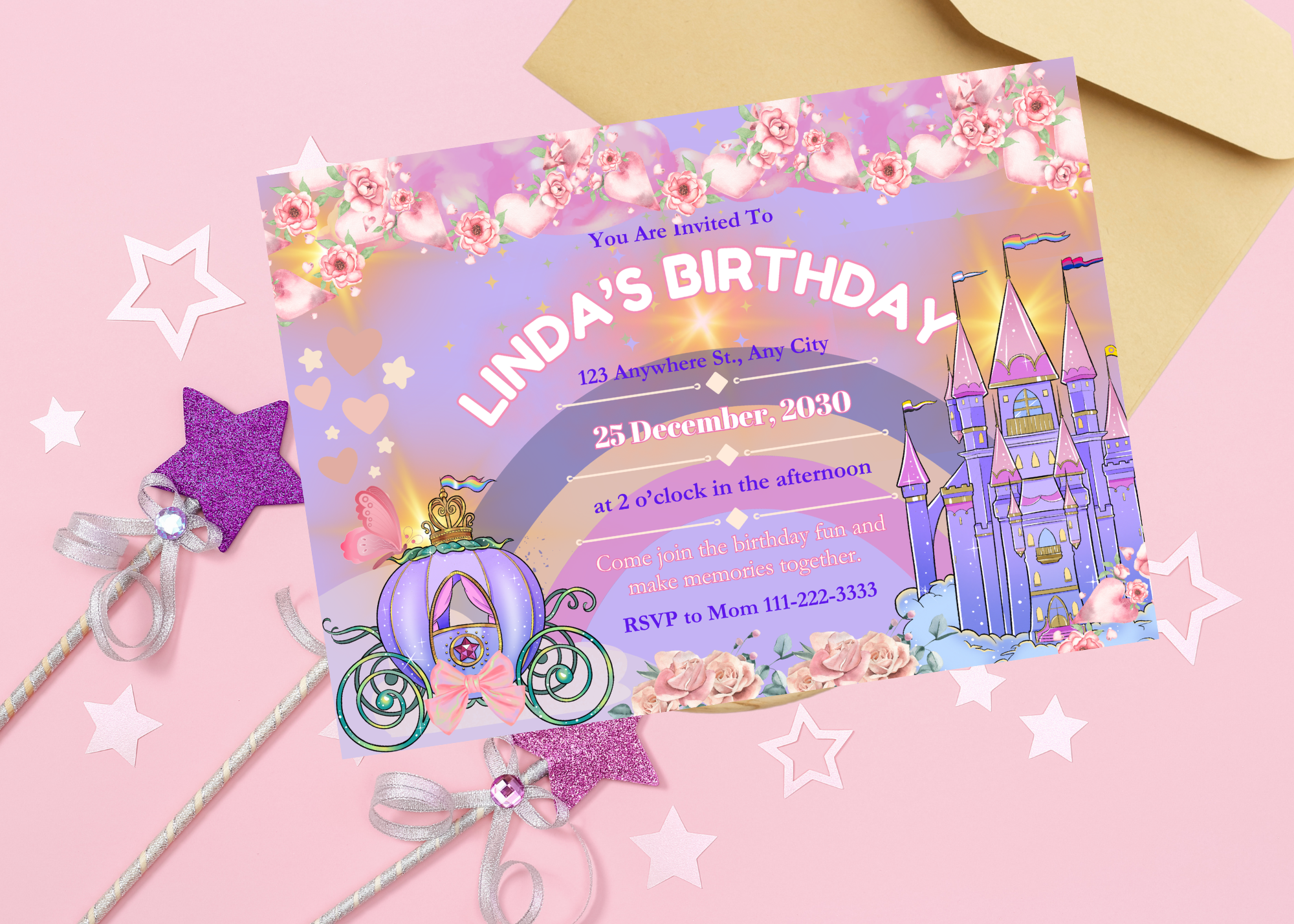 Purple & Pink Floral Castle Princess Birthday Invitation | Digital Invite | Editable Canva Template | Instant Download