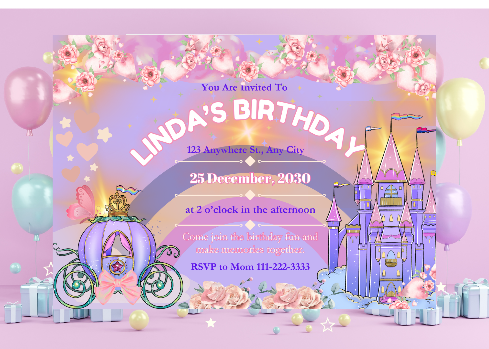 Purple & Pink Floral Castle Princess Birthday Invitation | Digital Invite | Editable Canva Template | Instant Download