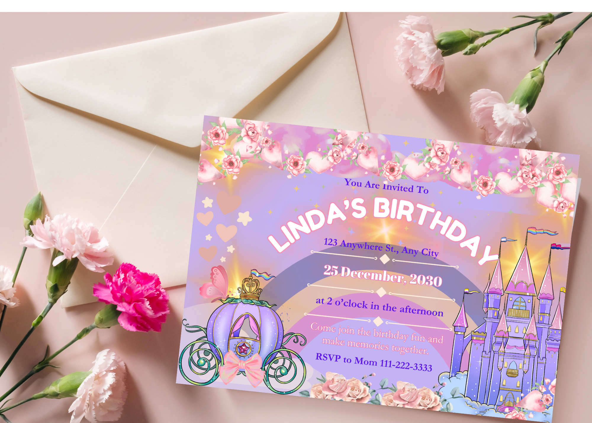 Purple & Pink Floral Castle Princess Birthday Invitation | Digital Invite | Editable Canva Template | Instant Download