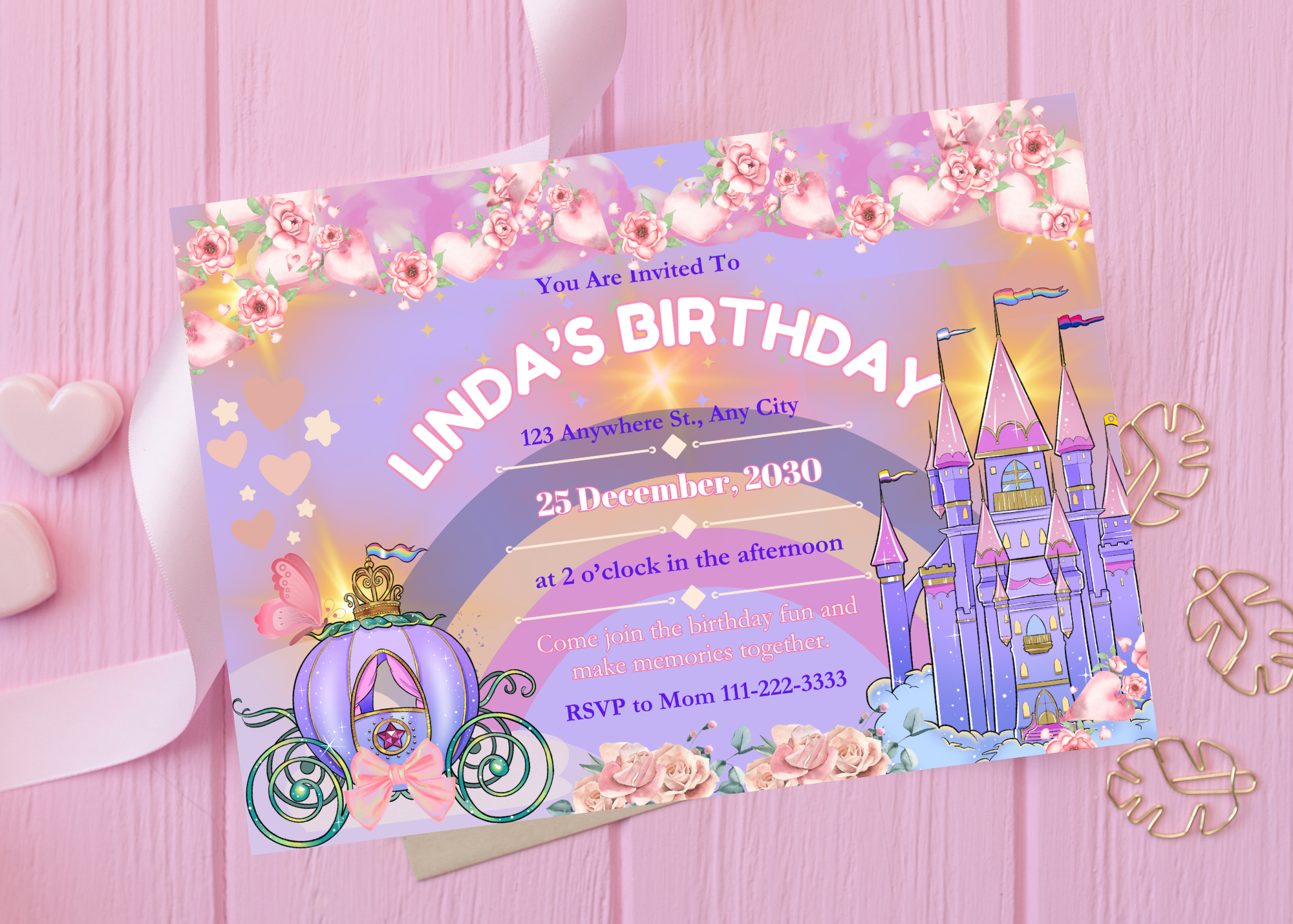 Purple & Pink Floral Castle Princess Birthday Invitation | Digital Invite | Editable Canva Template | Instant Download